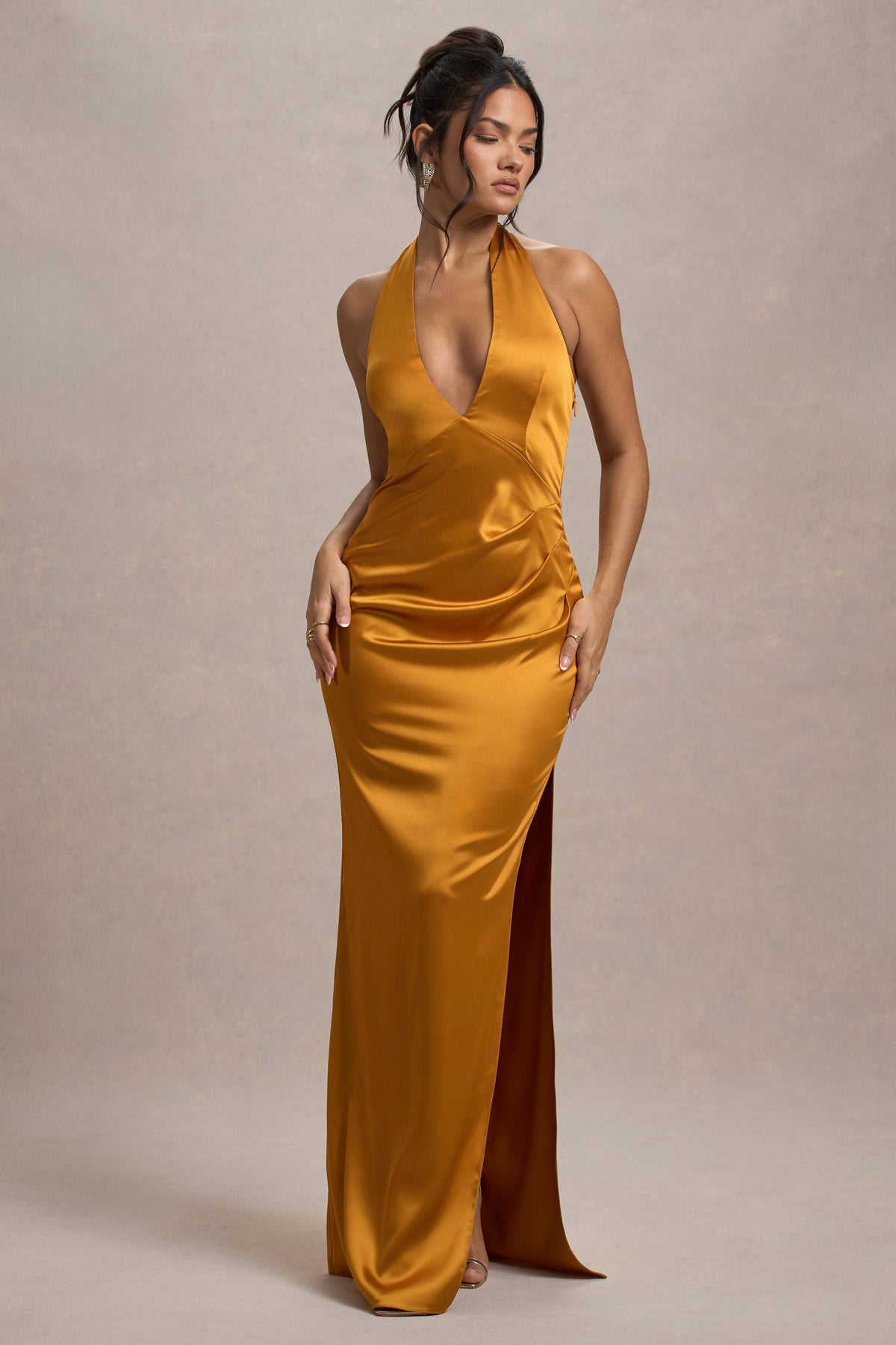 Inferno | Mustard Satin Plunge-Neck Gathered Split Maxi Dress