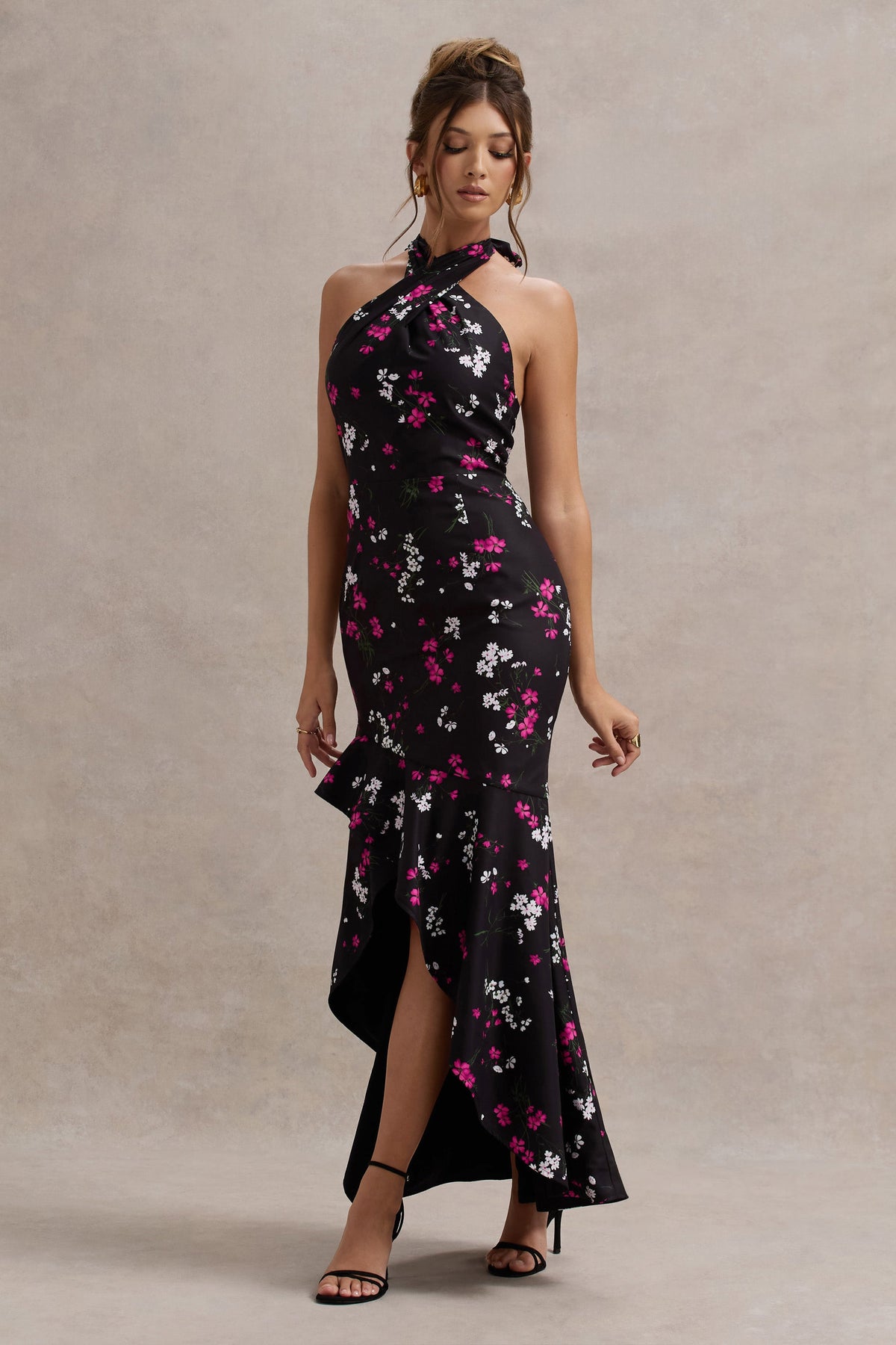 Melodia | Purple Ditsy Floral Print Satin Halter-Neck Ruffled Maxi Dress