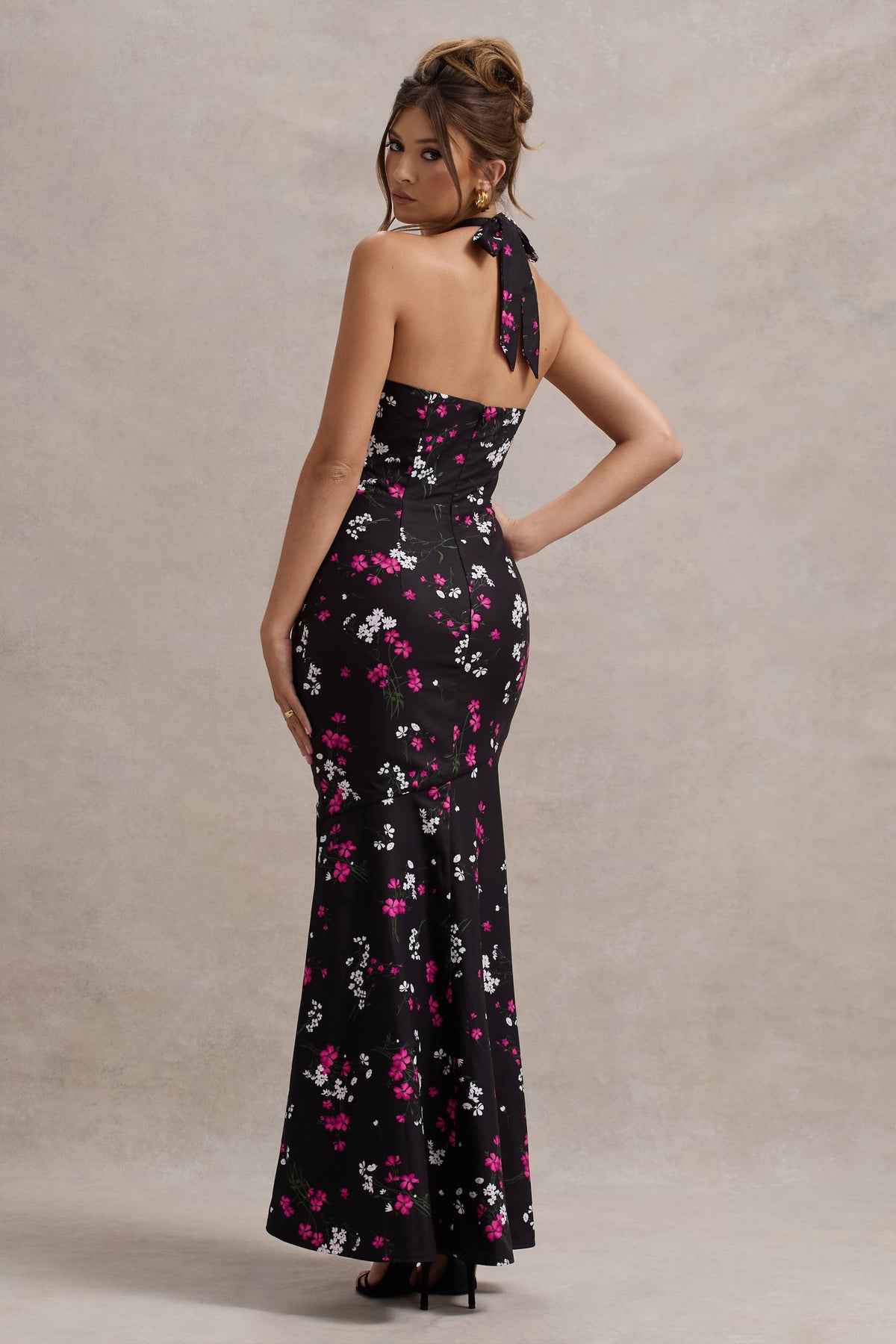 Melodia | Purple Ditsy Floral Print Satin Halter-Neck Ruffled Maxi Dress