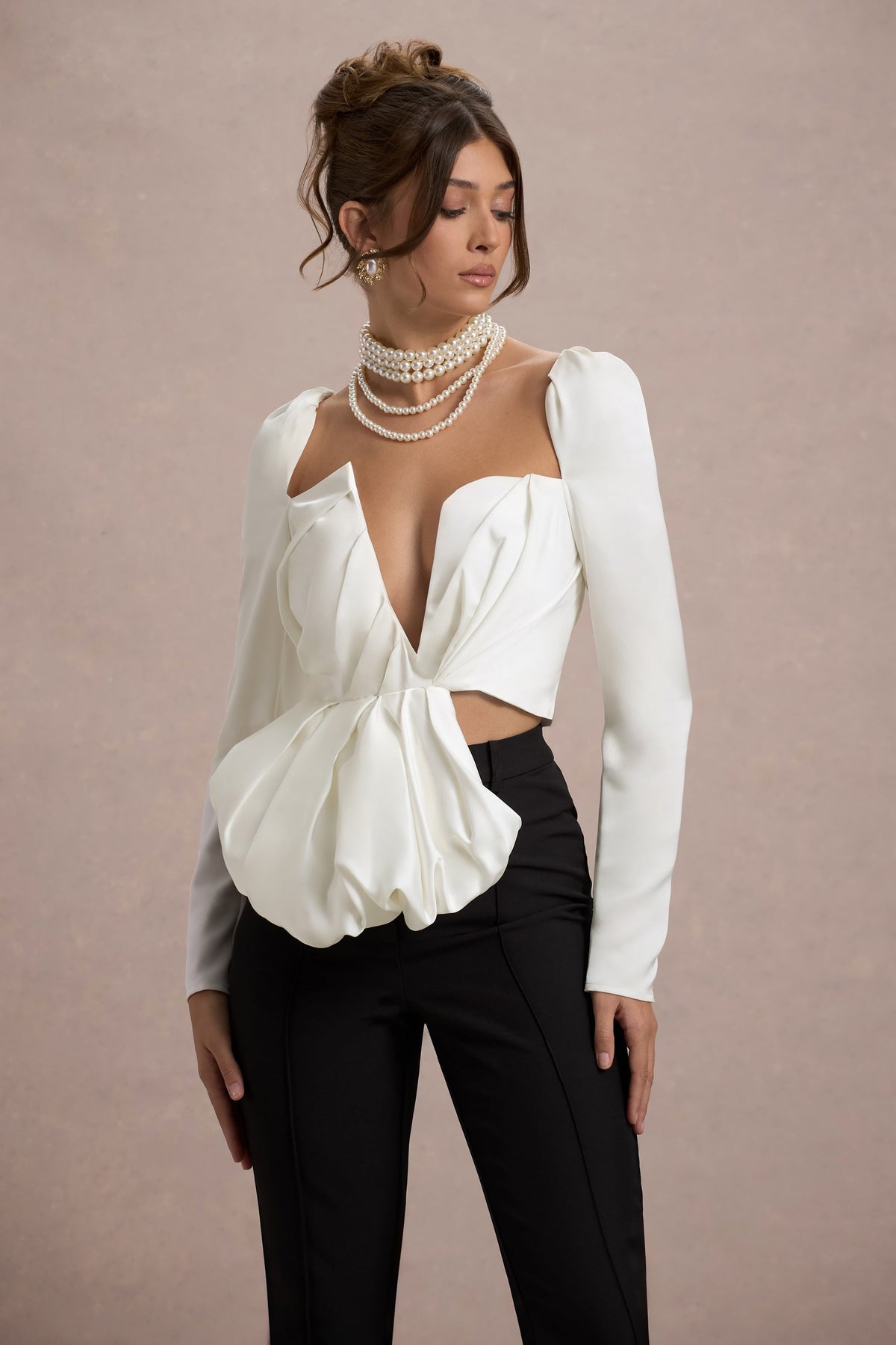 Bensley | Ecru Satin Asymmetric Plunge-Neck Top With Ruffle