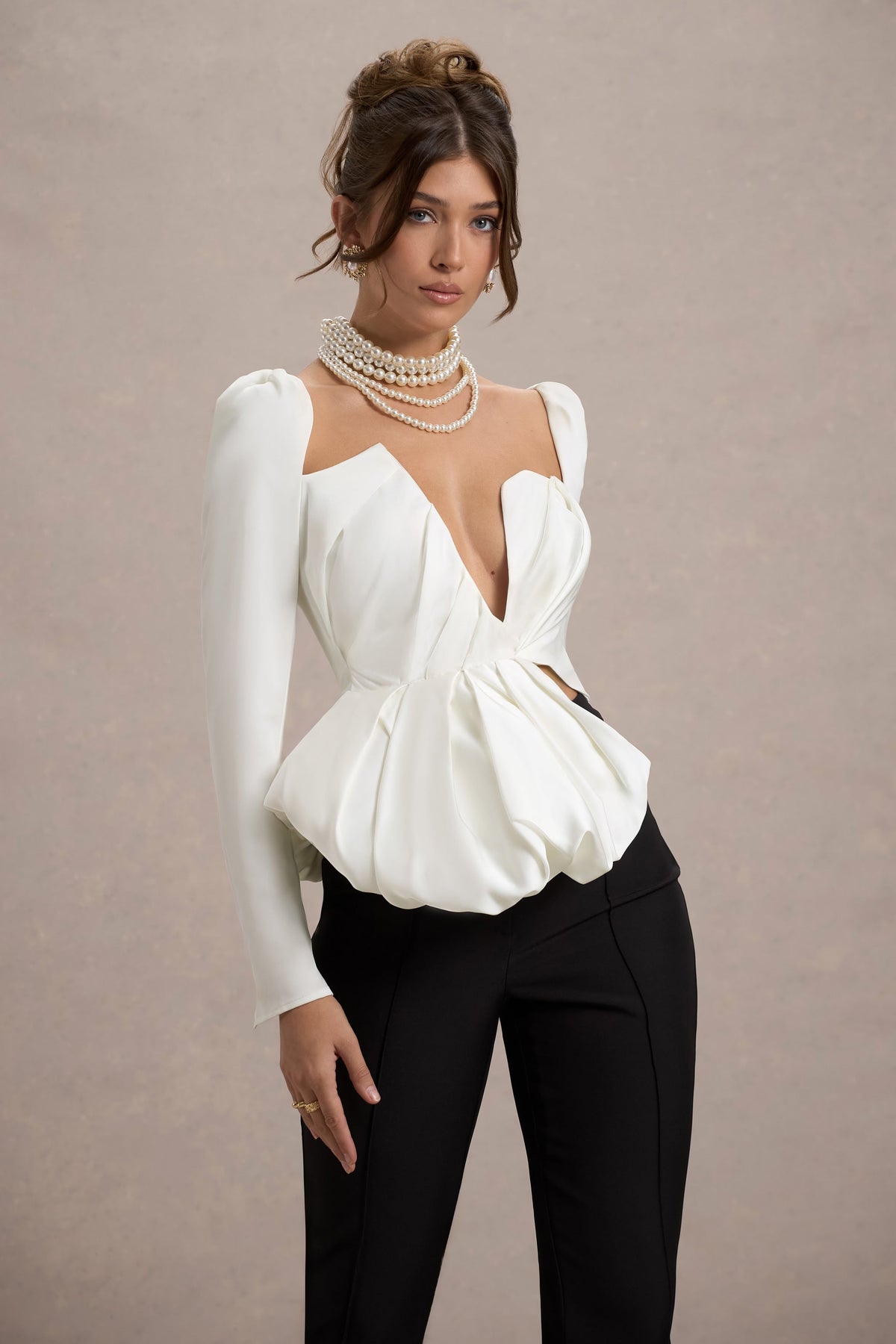 Bensley | Ecru Satin Asymmetric Plunge-Neck Top With Ruffle