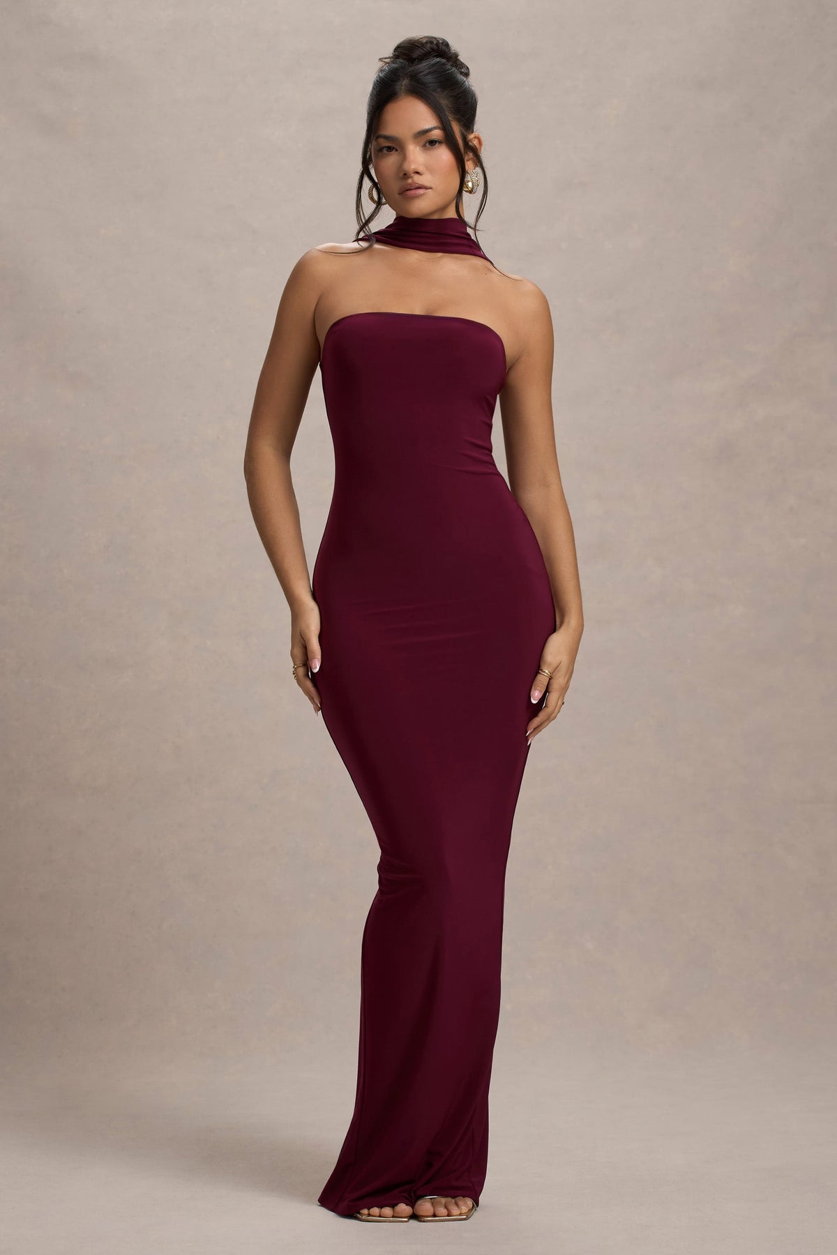 Nobu | Burgundy Bandeau Maxi Dress With Halter-Collar