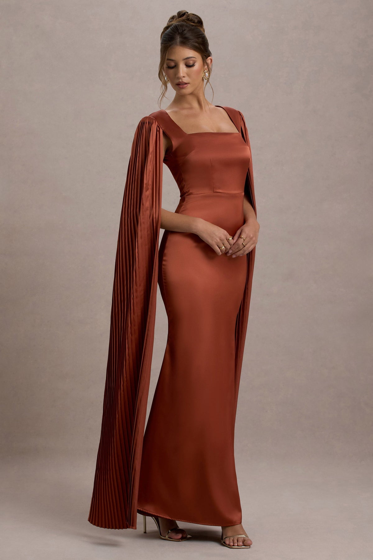 Saloma | Rust Satin Square-Neck Maxi Dress With Cape Sleeves