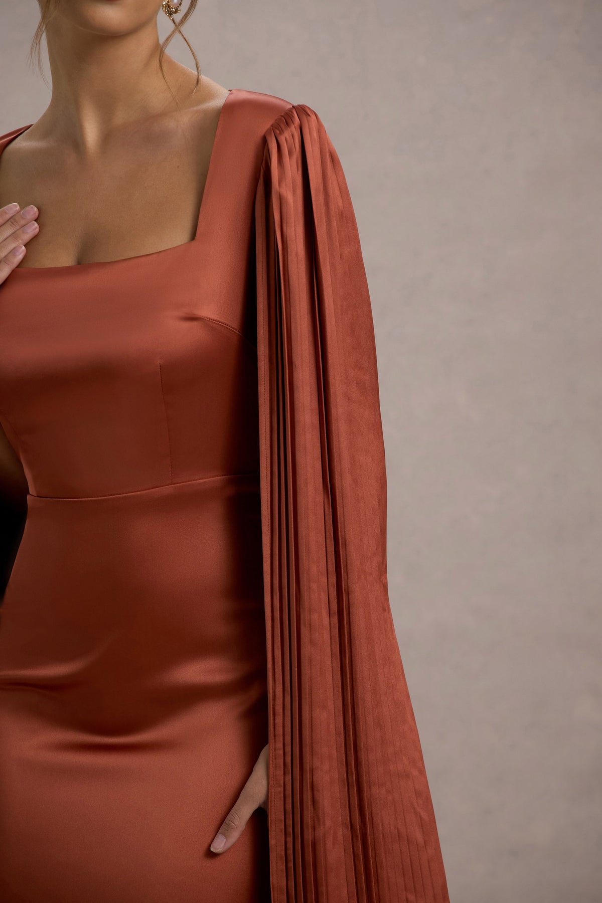 Saloma | Rust Satin Square-Neck Maxi Dress With Cape Sleeves