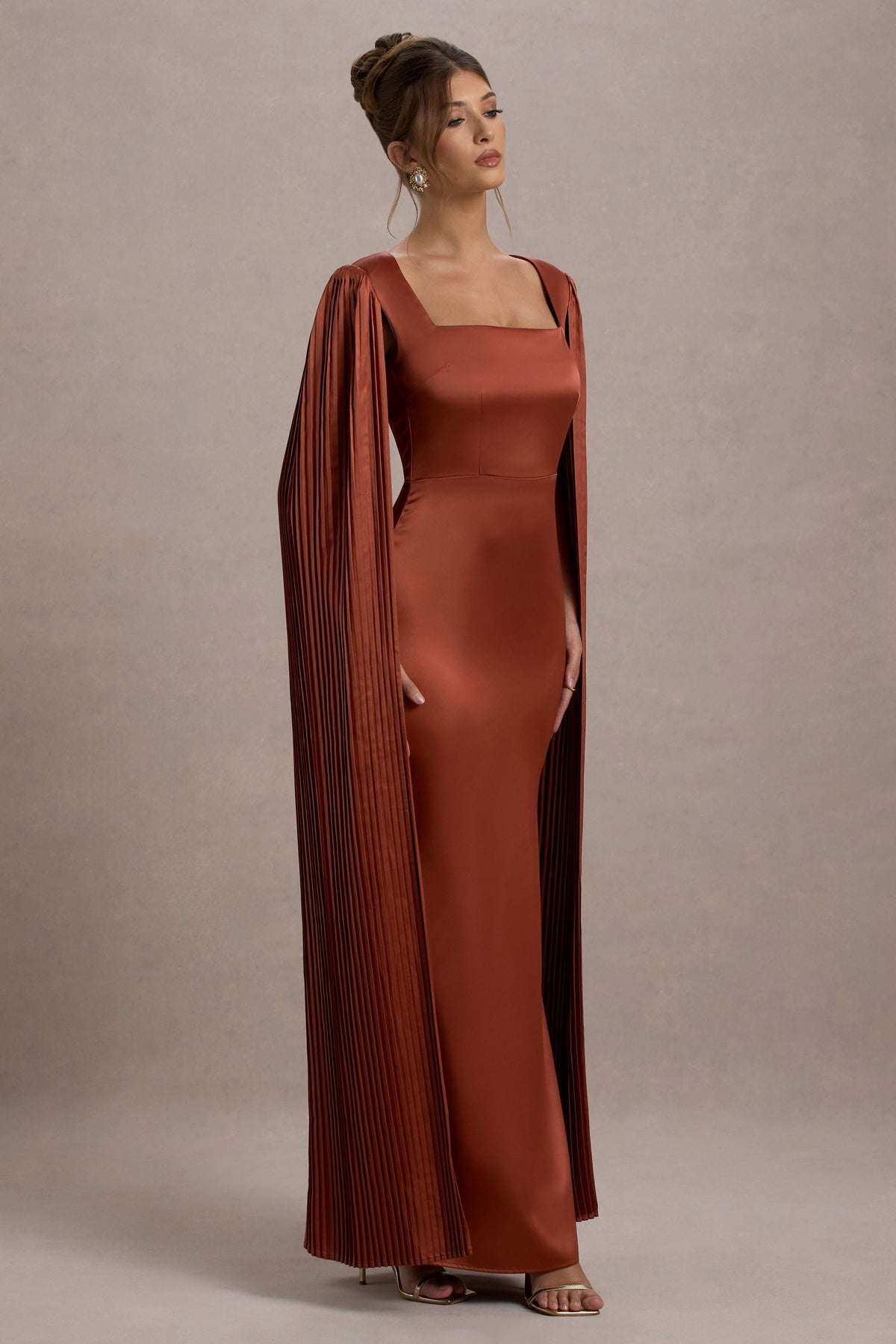 Saloma | Rust Satin Square-Neck Maxi Dress With Cape Sleeves