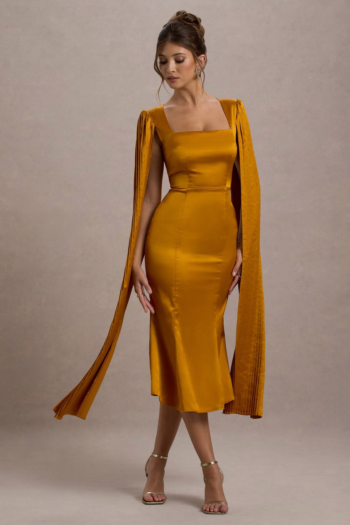 Nalda Mustard Square-Neck Midi Dress With Cape Sleeves Club L London - SA Nalda Mustard Square-Neck Midi Dress With Cape Sleeves Club L London - SA