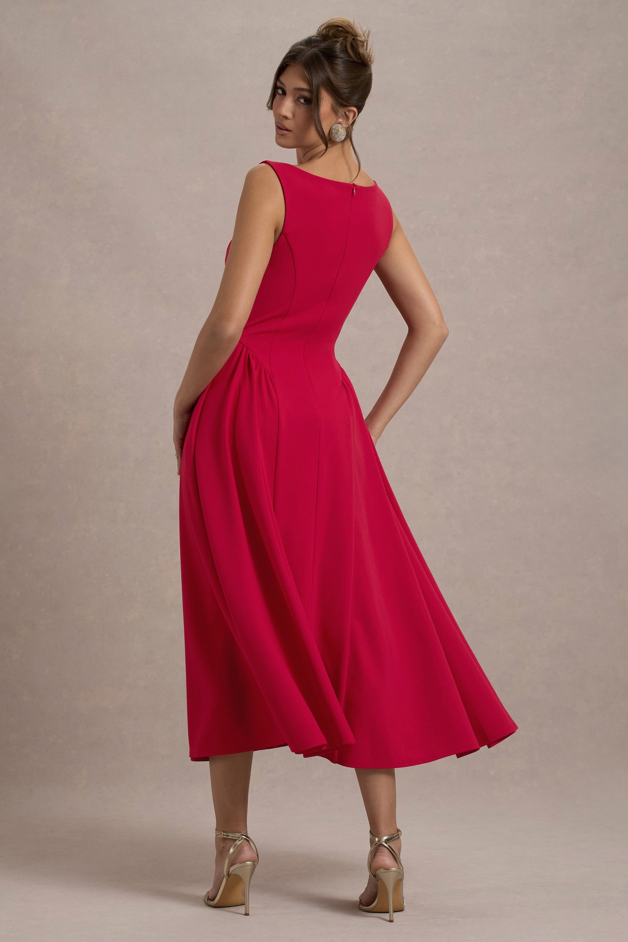 Muriel | Red Boat-Neck Volume-Hem Midi Dress – Club L London