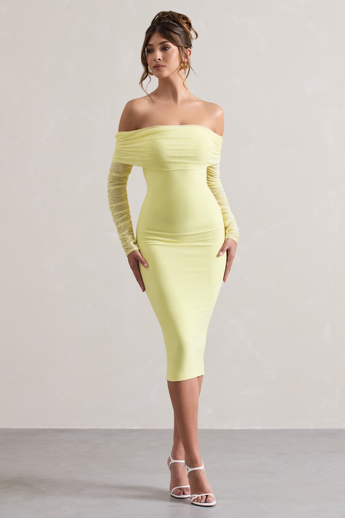 Only You | Lemon Ruched Mesh Bardot Midi Dress