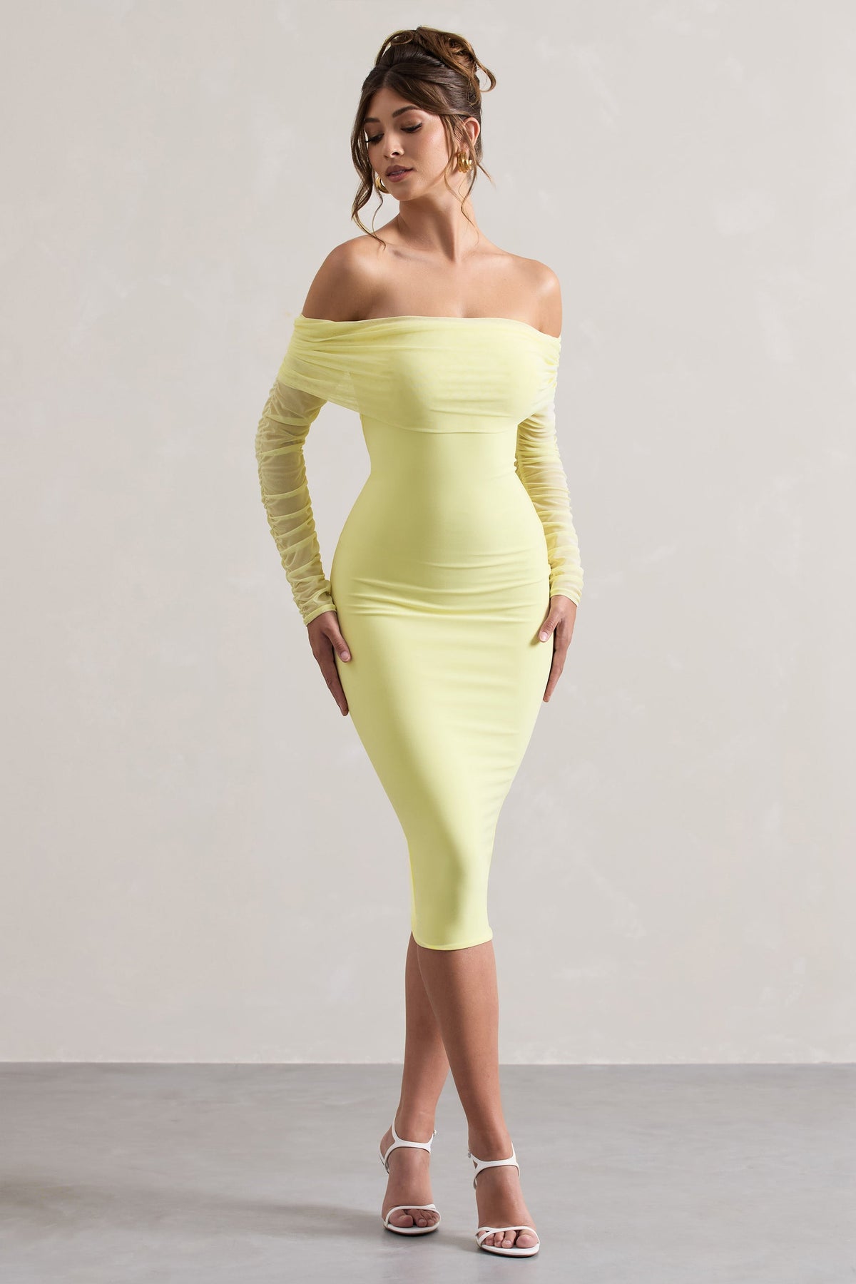 Only You | Lemon Ruched Mesh Bardot Midi Dress