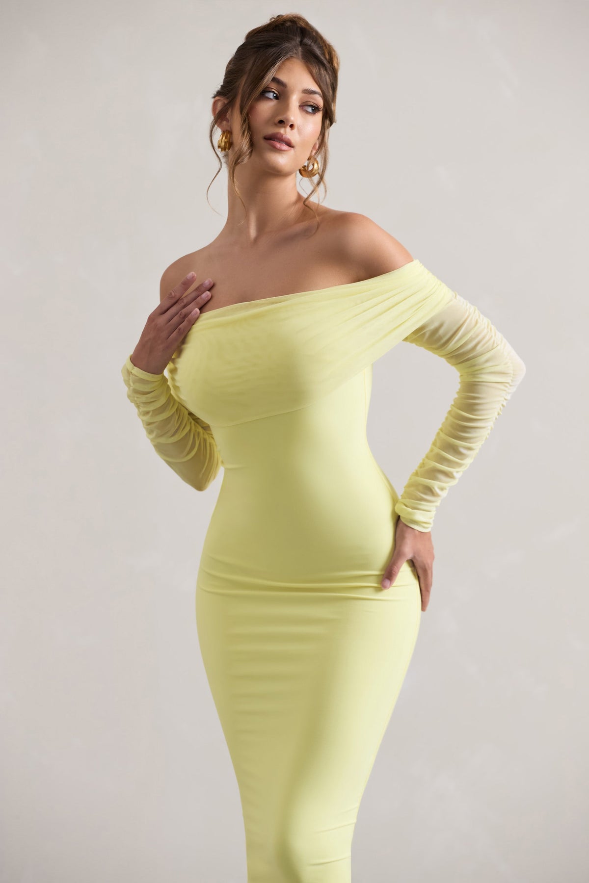 Only You | Lemon Ruched Mesh Bardot Midi Dress