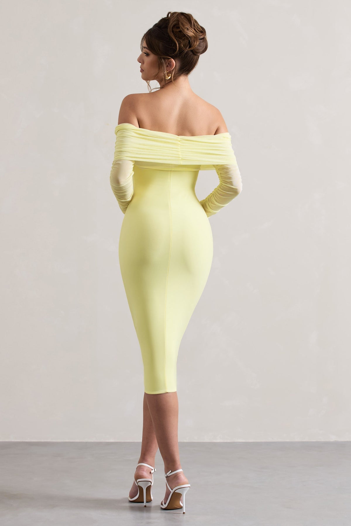 Only You | Lemon Ruched Mesh Bardot Midi Dress