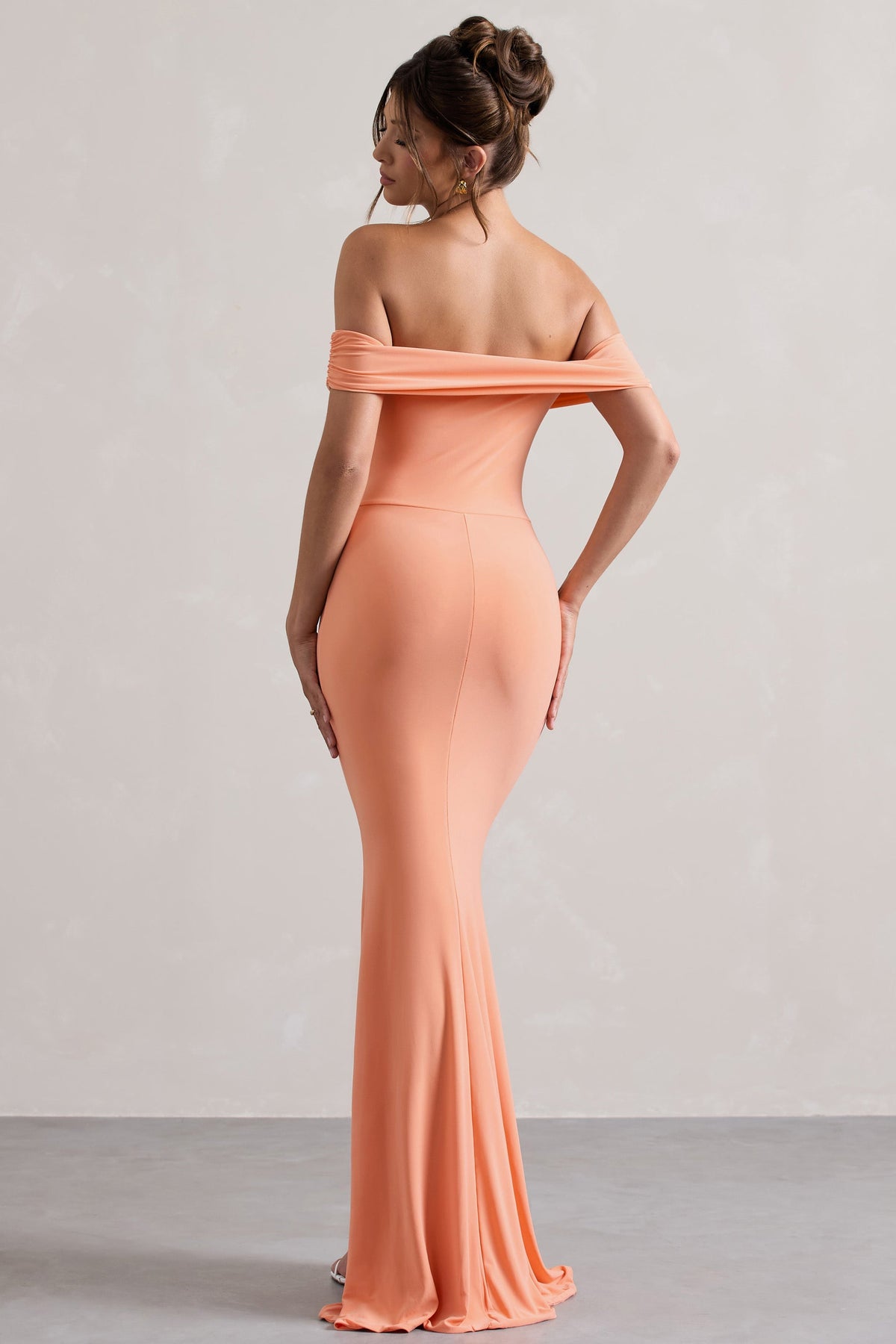 Law of Attraction | Coral Bardot Draped Split Maxi Dress