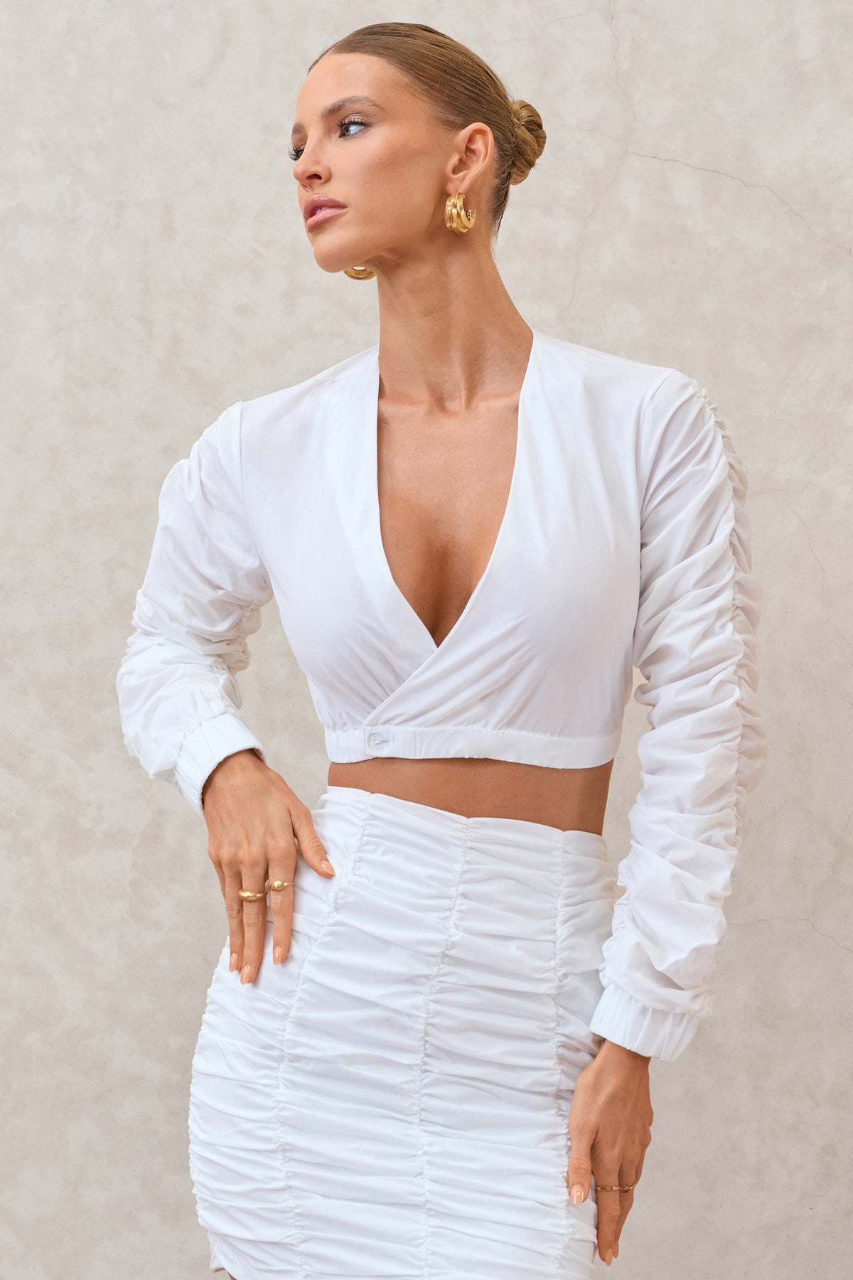 Sundown | White Ruched Sleeve Wrap Detail Cropped Shirt