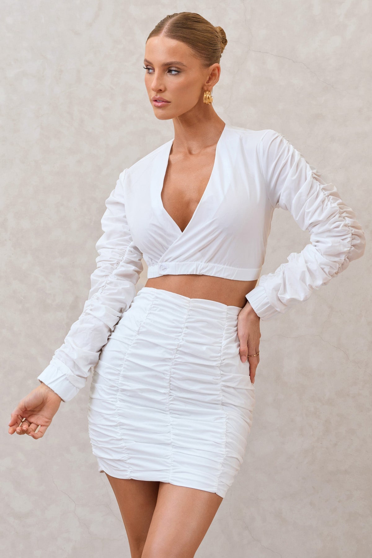 Sundown | White Ruched Sleeve Wrap Detail Cropped Shirt