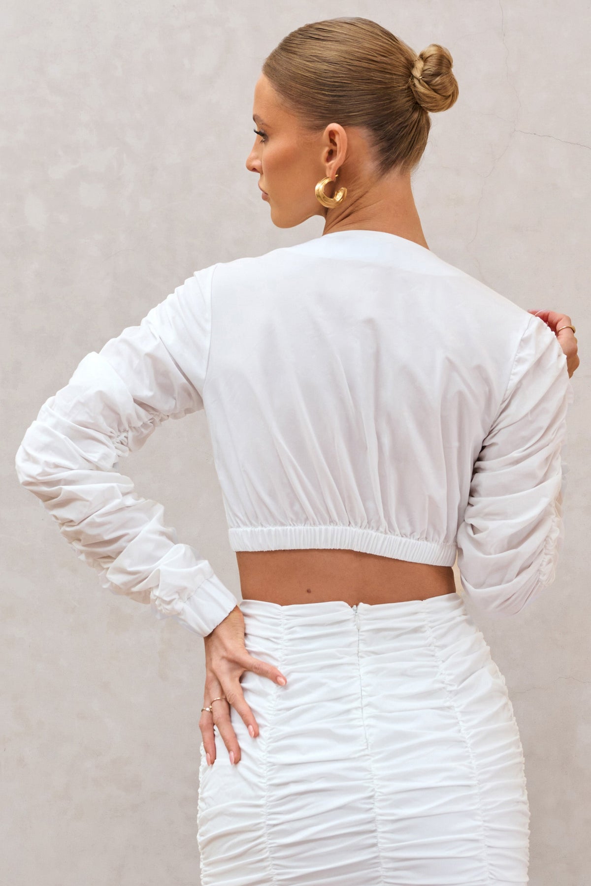 Sundown | White Ruched Sleeve Wrap Detail Cropped Shirt