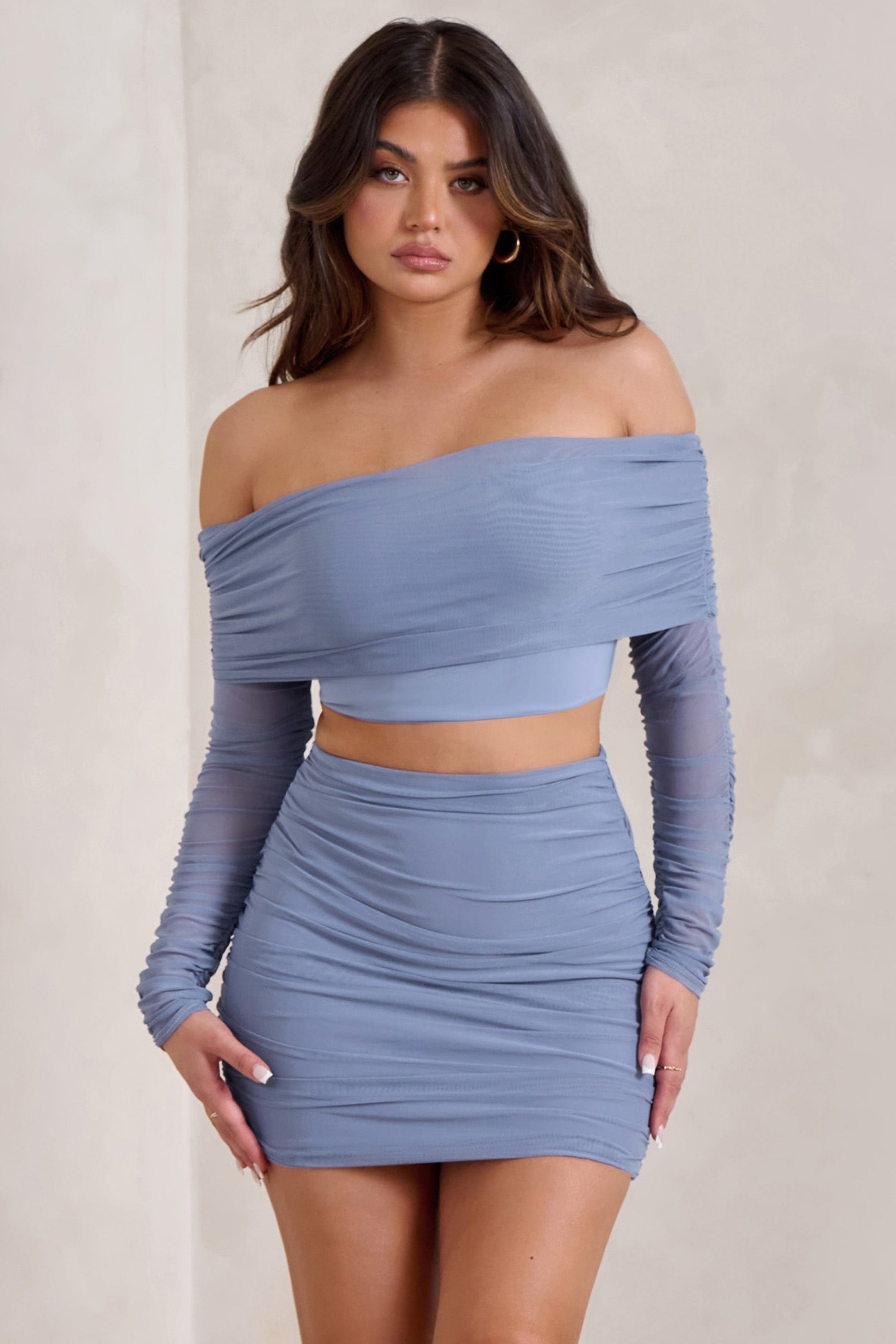 Rule Breaker | Cornflower Blue Ruched Mesh Bardot Crop Top