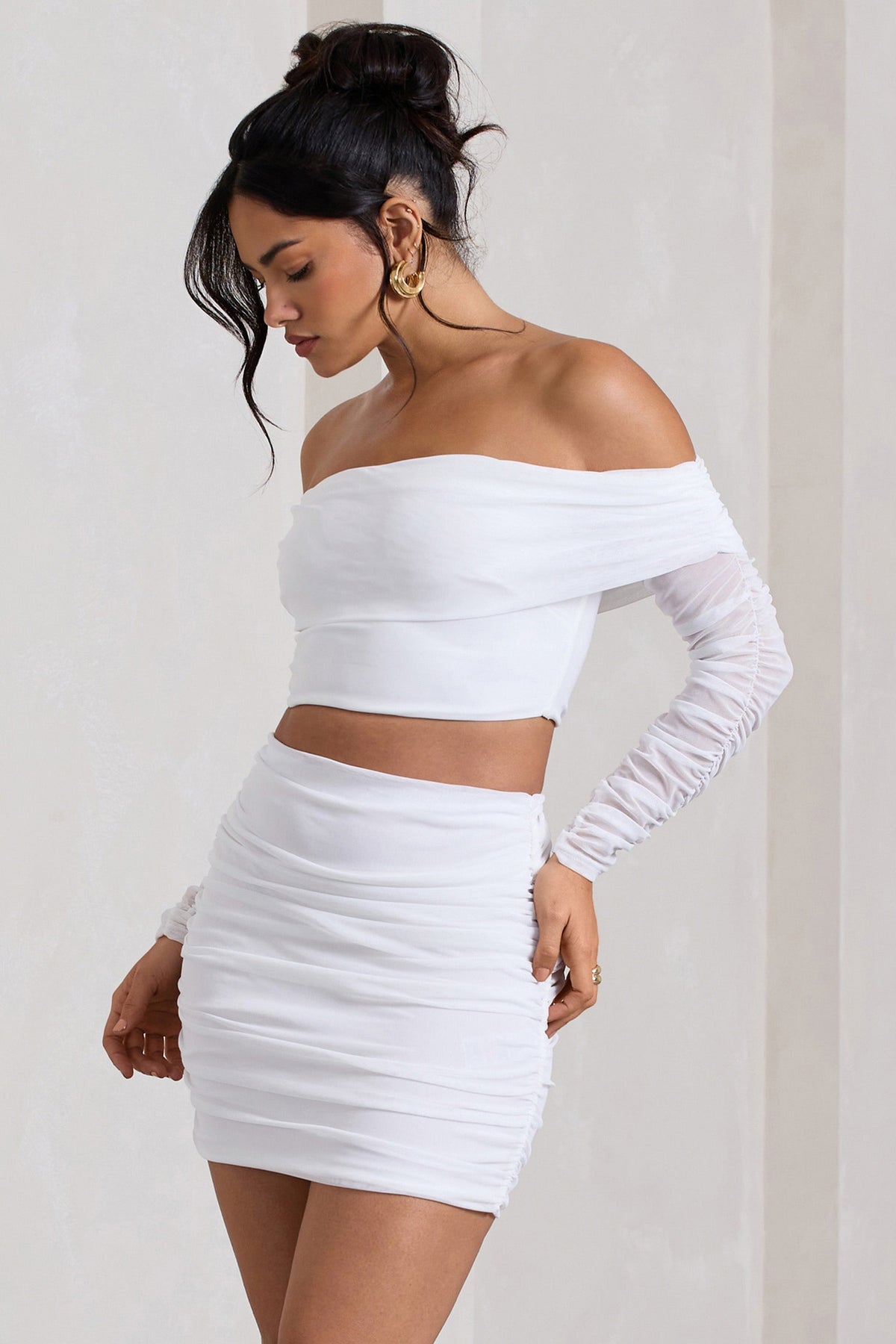 Rule Breaker | White Ruched Mesh Bardot Crop Top