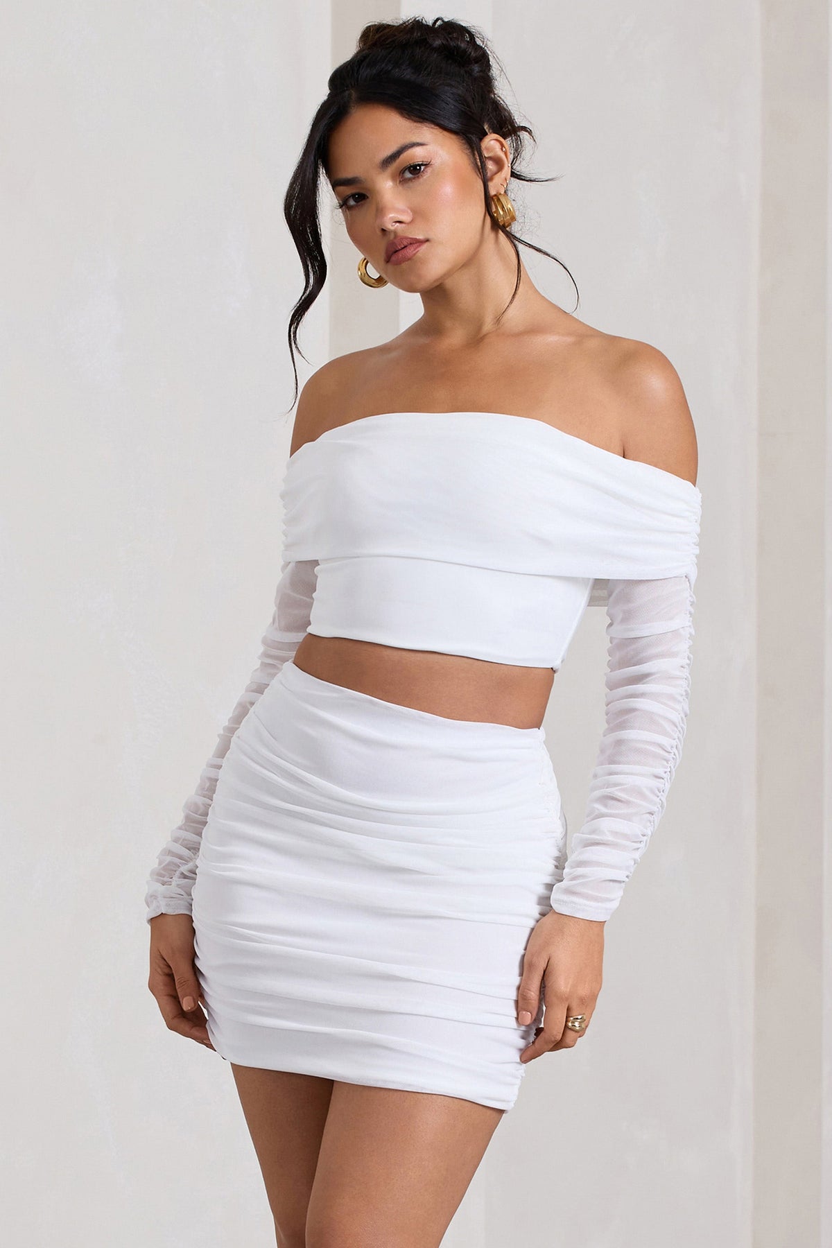 Rule Breaker | White Ruched Mesh Bardot Crop Top