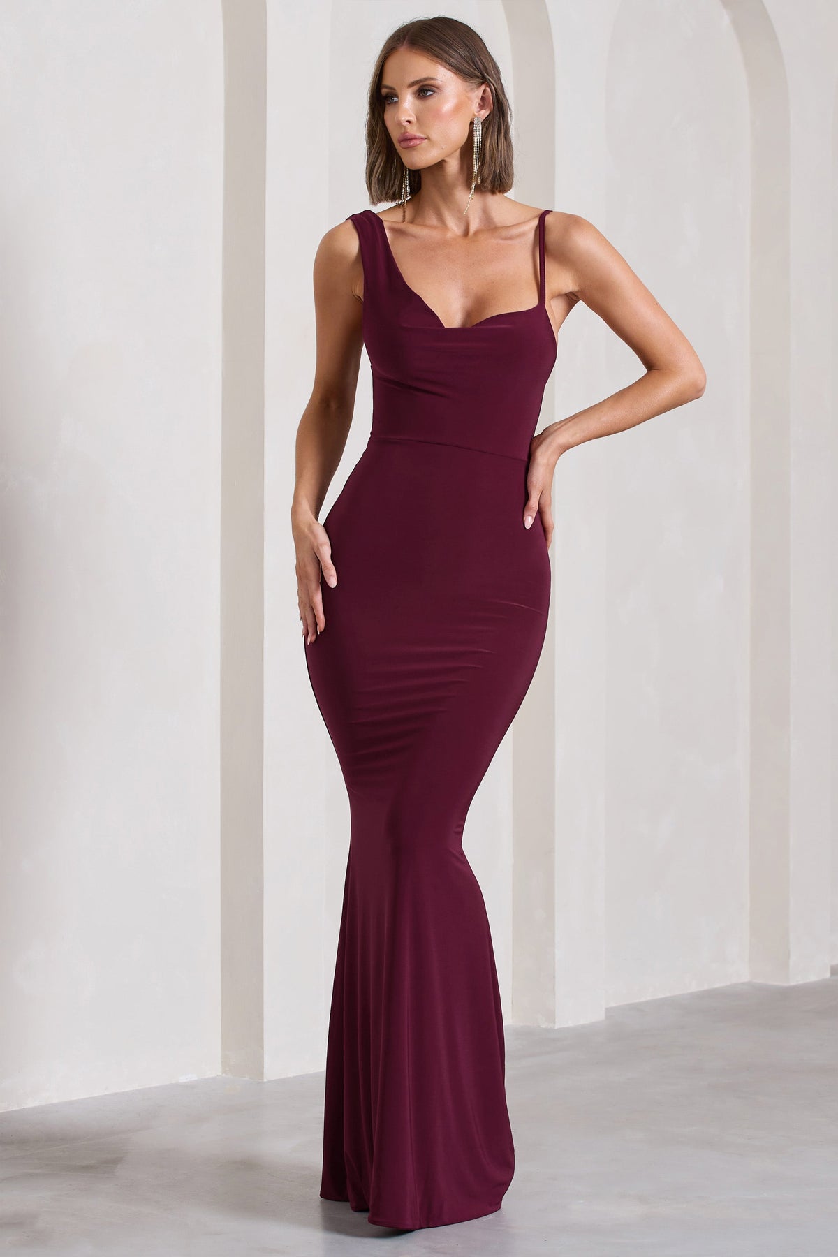 Phantasy | Burgundy Asymmetric Neckline Cowl Maxi Dress