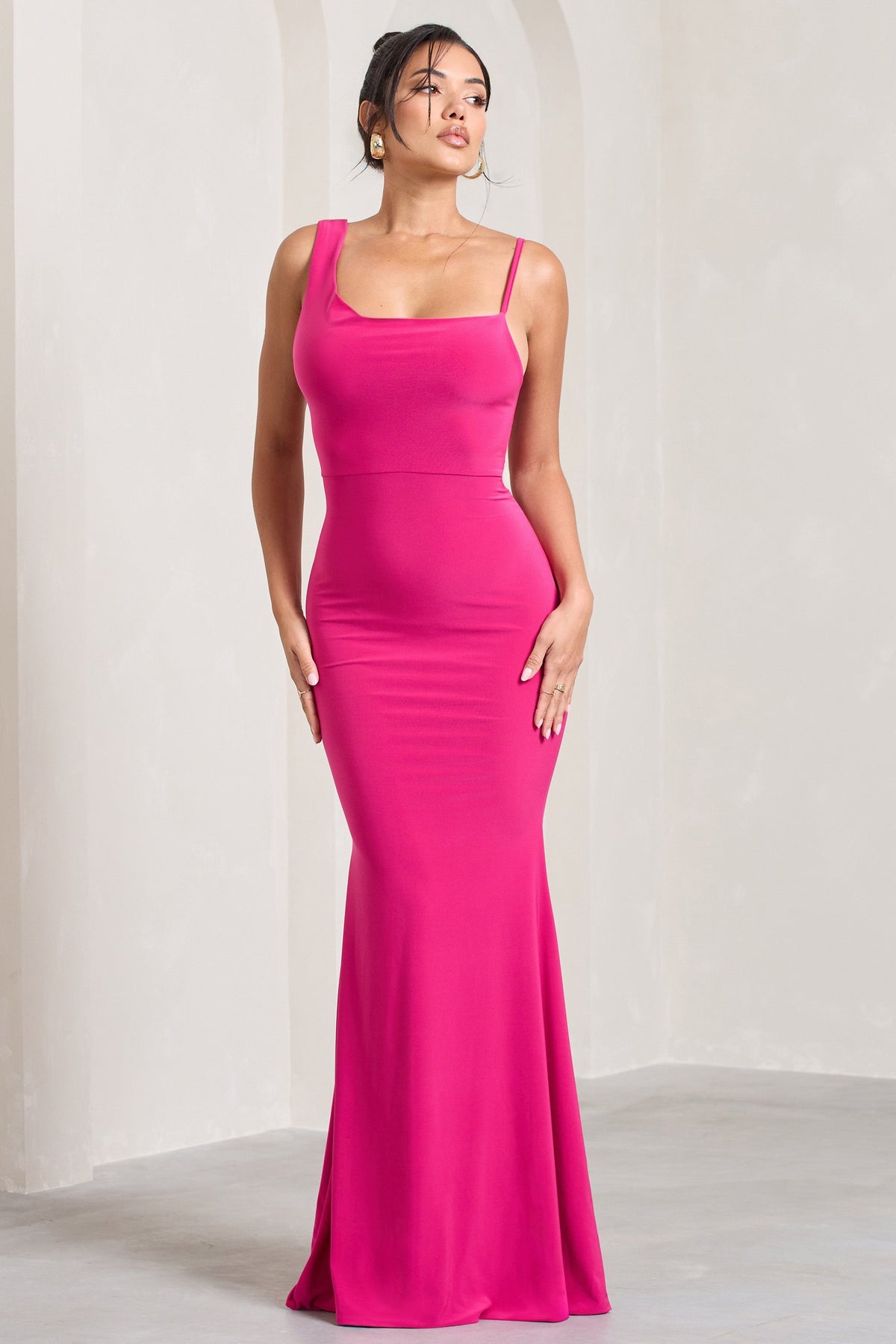 Phantasy | Hot Pink Asymmetric Neckline Cowl Maxi Dress