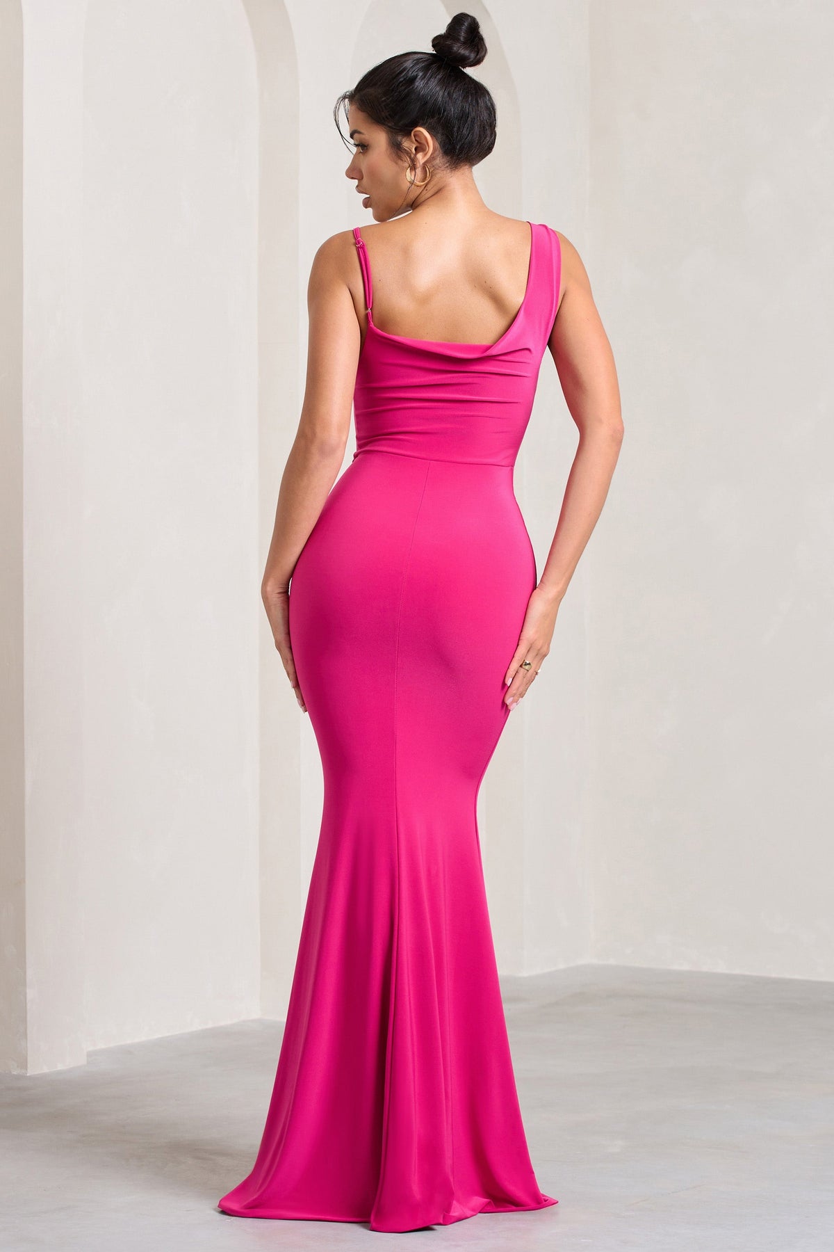 Phantasy | Hot Pink Asymmetric Neckline Cowl Maxi Dress