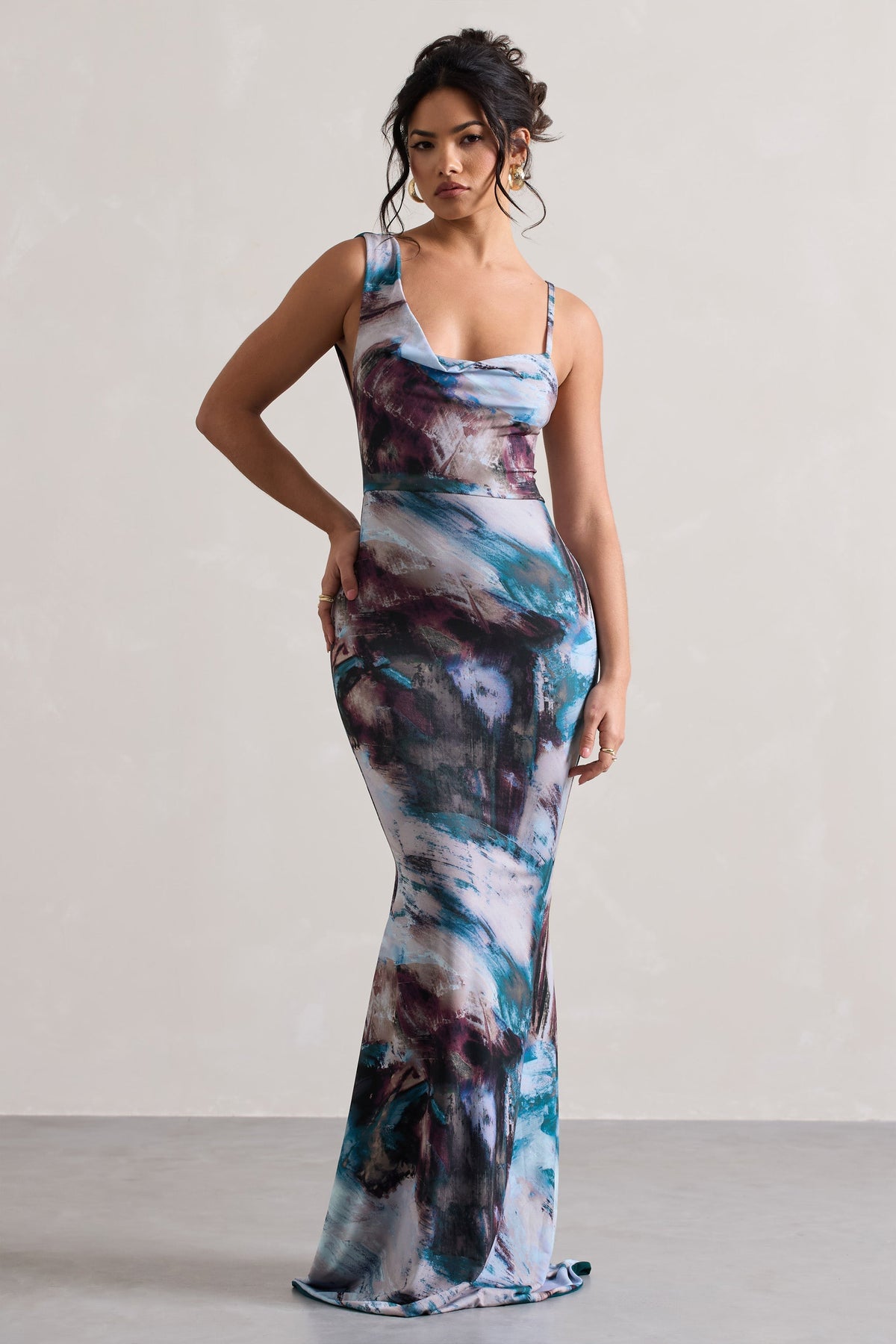 Phantasy | Multi Print Asymmetric Neckline Cowl Maxi Dress