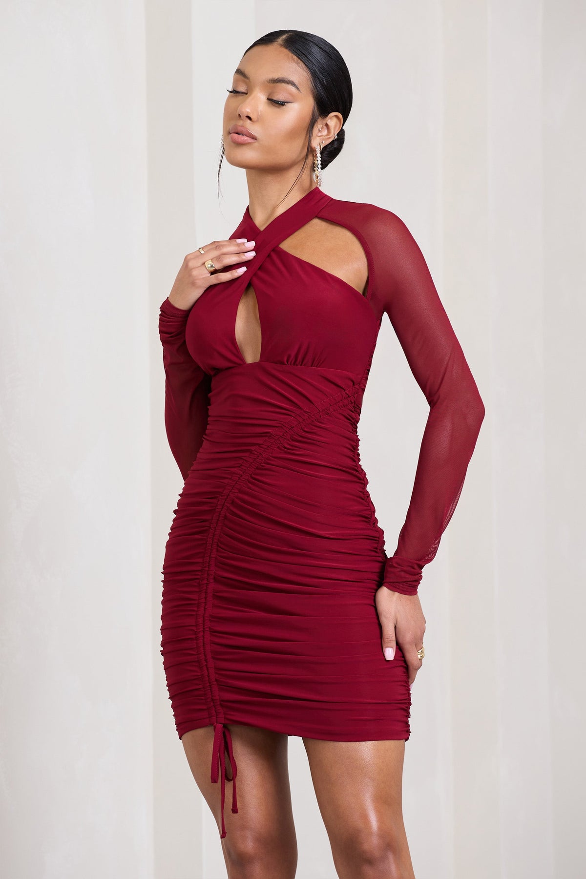 Eyes On You | Berry Long Sleeve Halter Neck Mini Dress