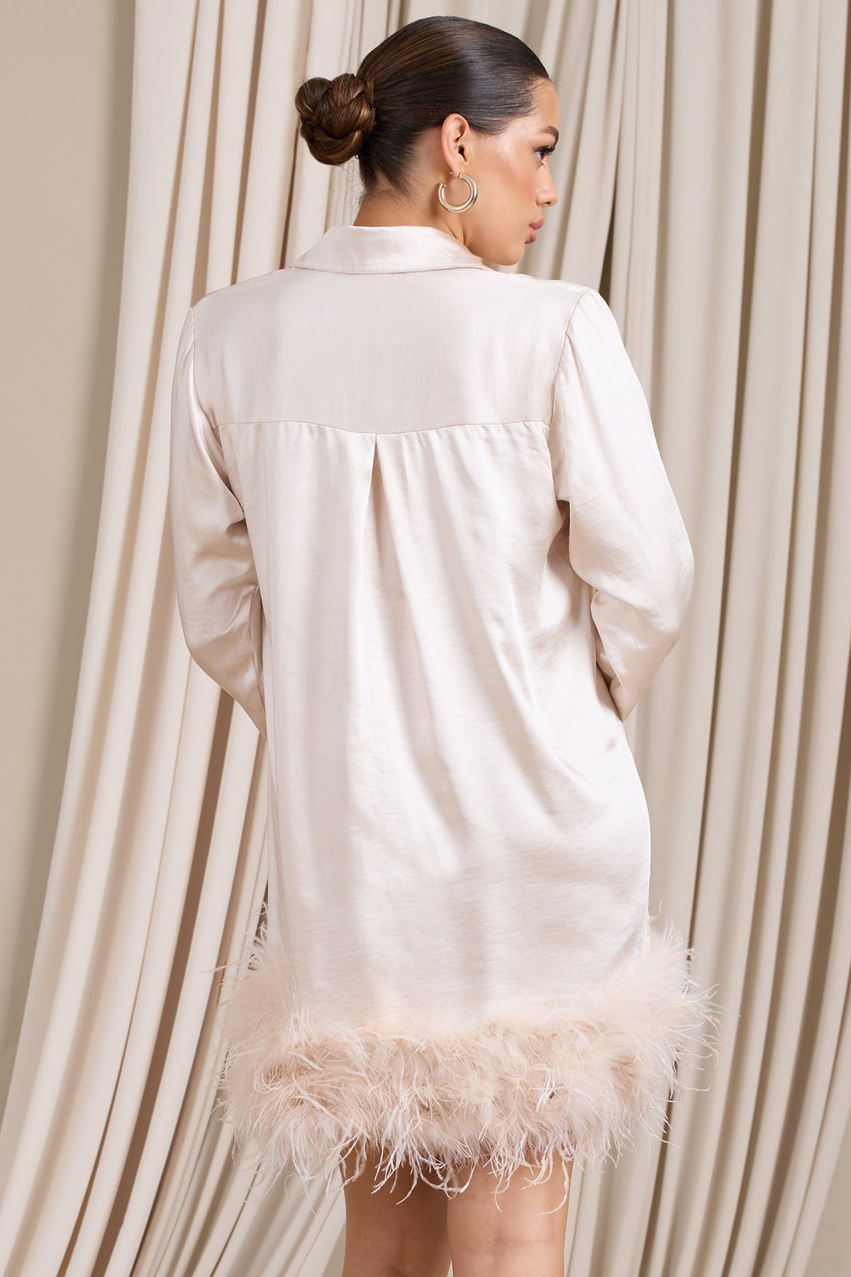 Step It Up | Ivory Satin Shirt Mini Dress With Feather Trim