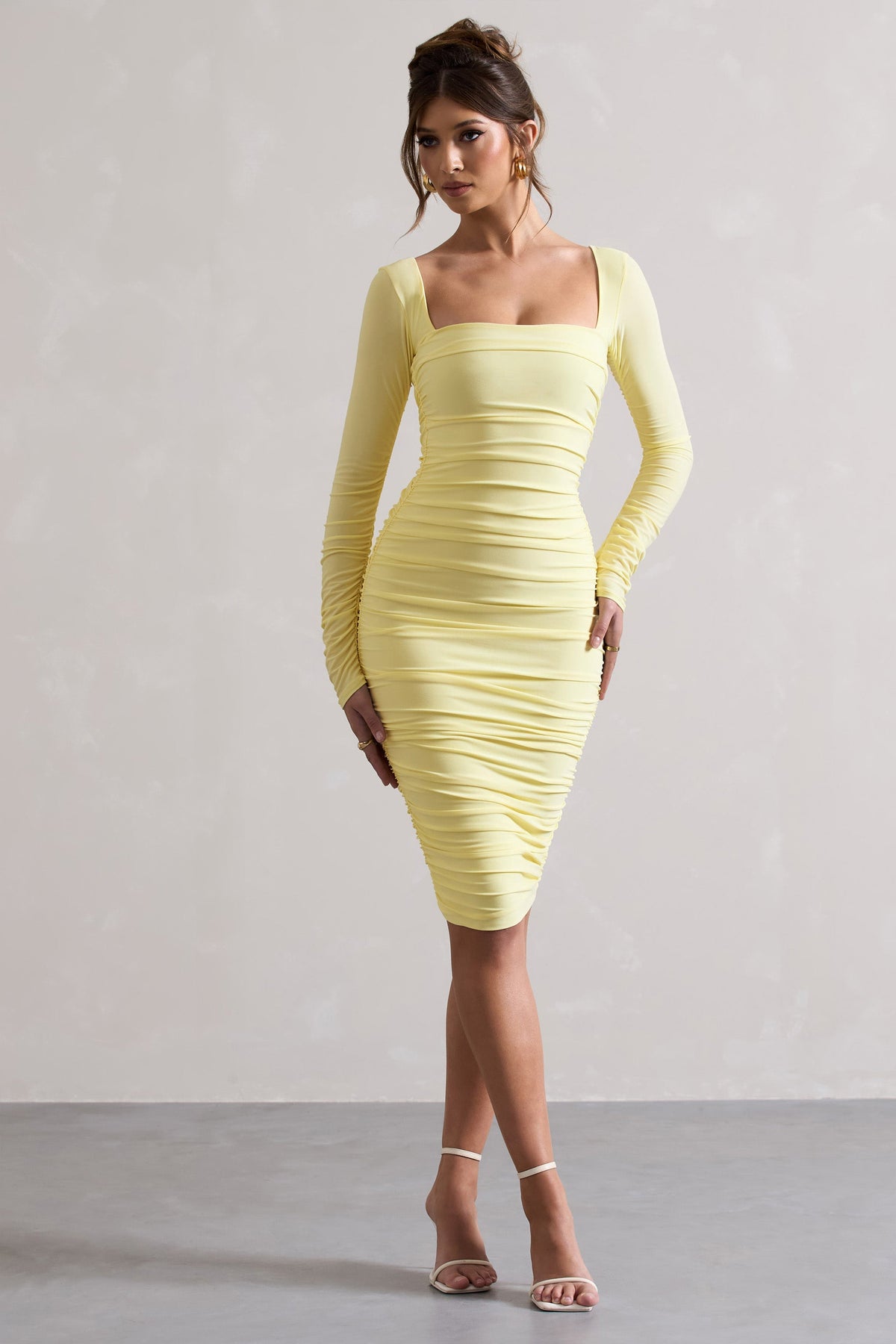 Seductress | Yellow Long Sleeve Square Neck Ruched Midi Dress