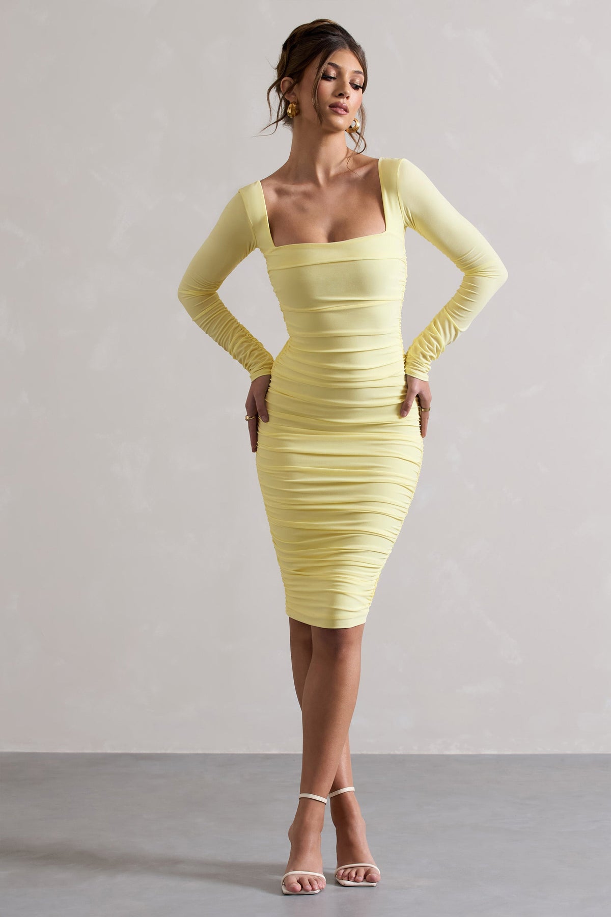 Seductress | Yellow Long Sleeve Square Neck Ruched Midi Dress