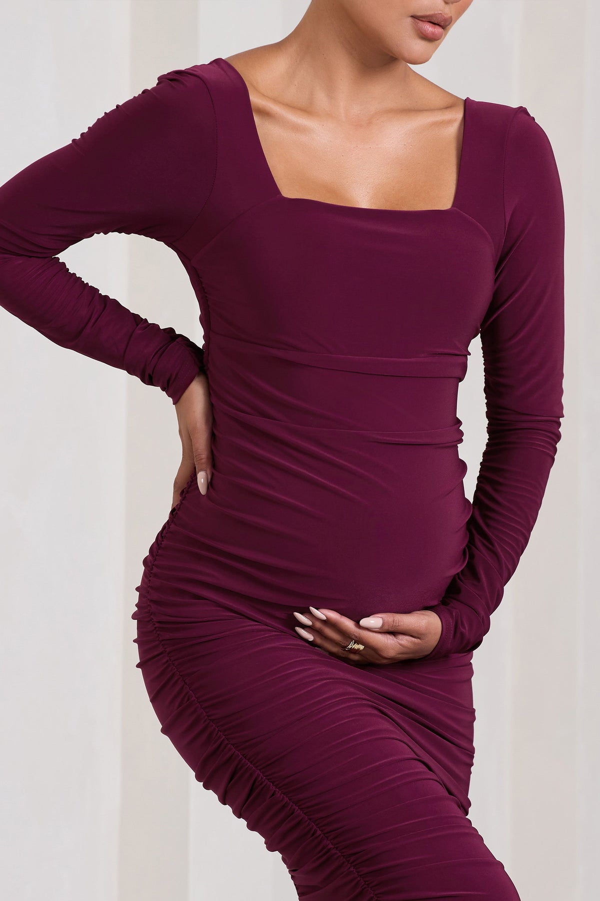 New Life | Burgundy Maternity Square Neck Ruched Midi Dress