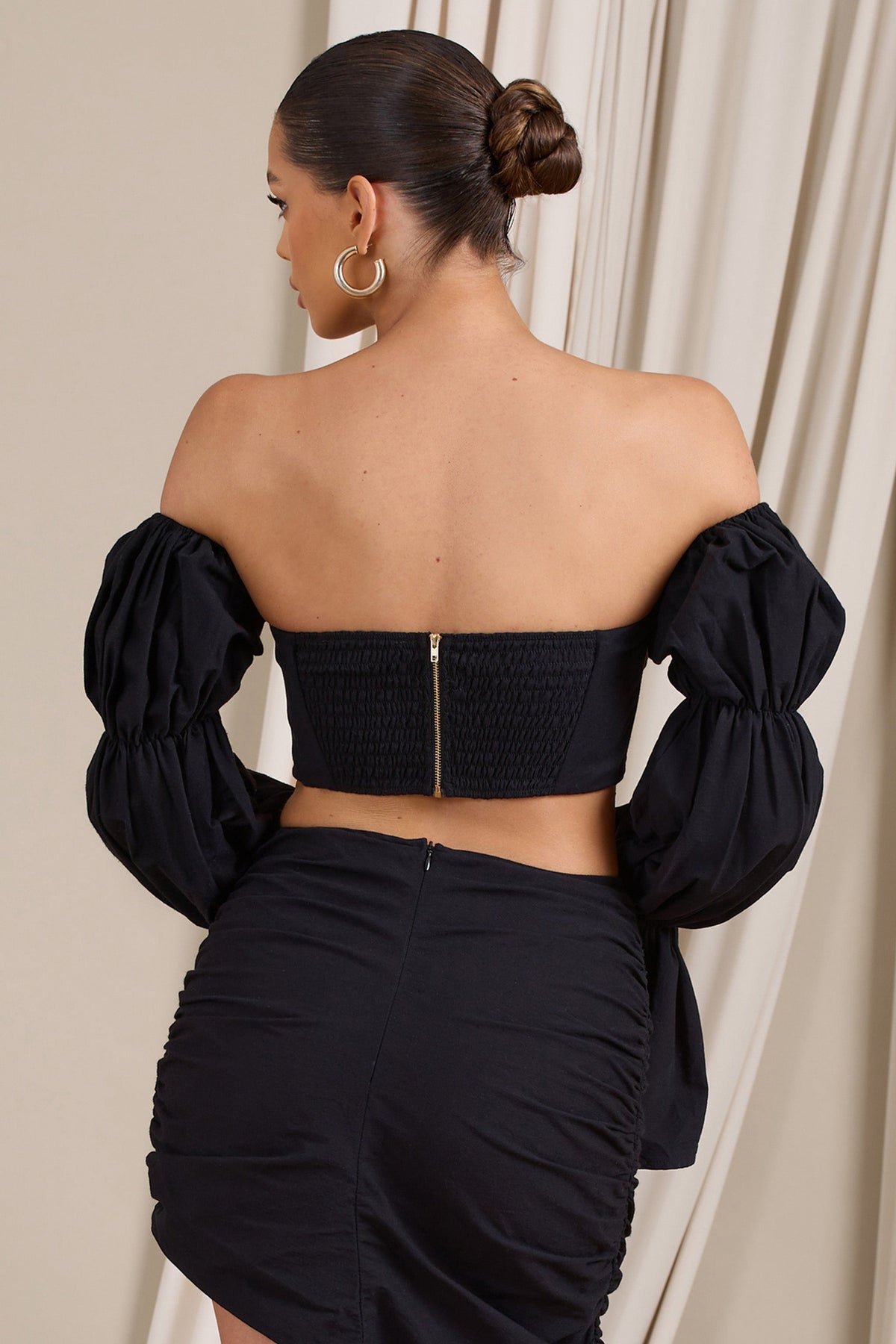 Roman | Black Bardot Puff-Sleeved Crop Top