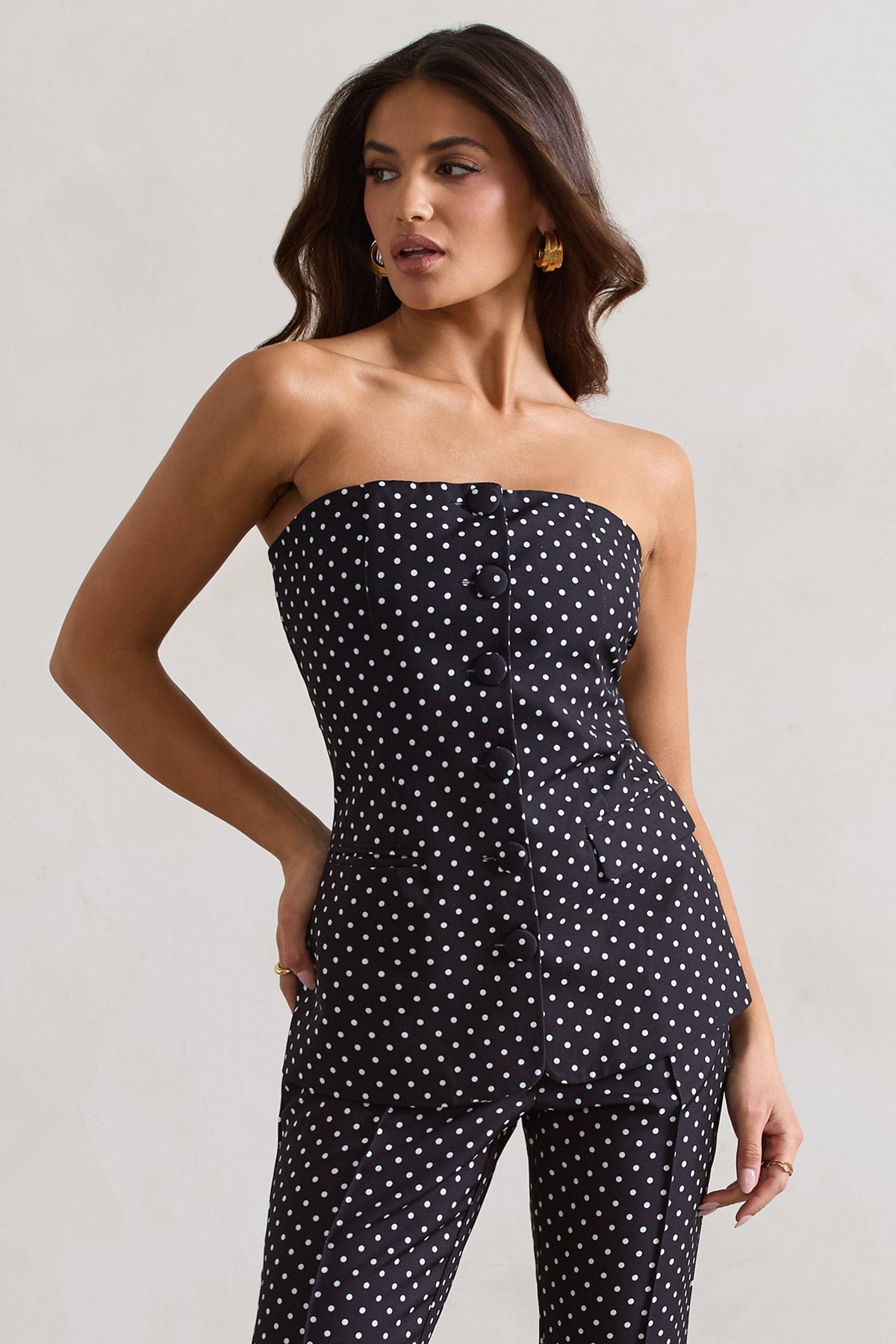 Elliana | Black Polka Dot Strapless Button Front Tailored Top