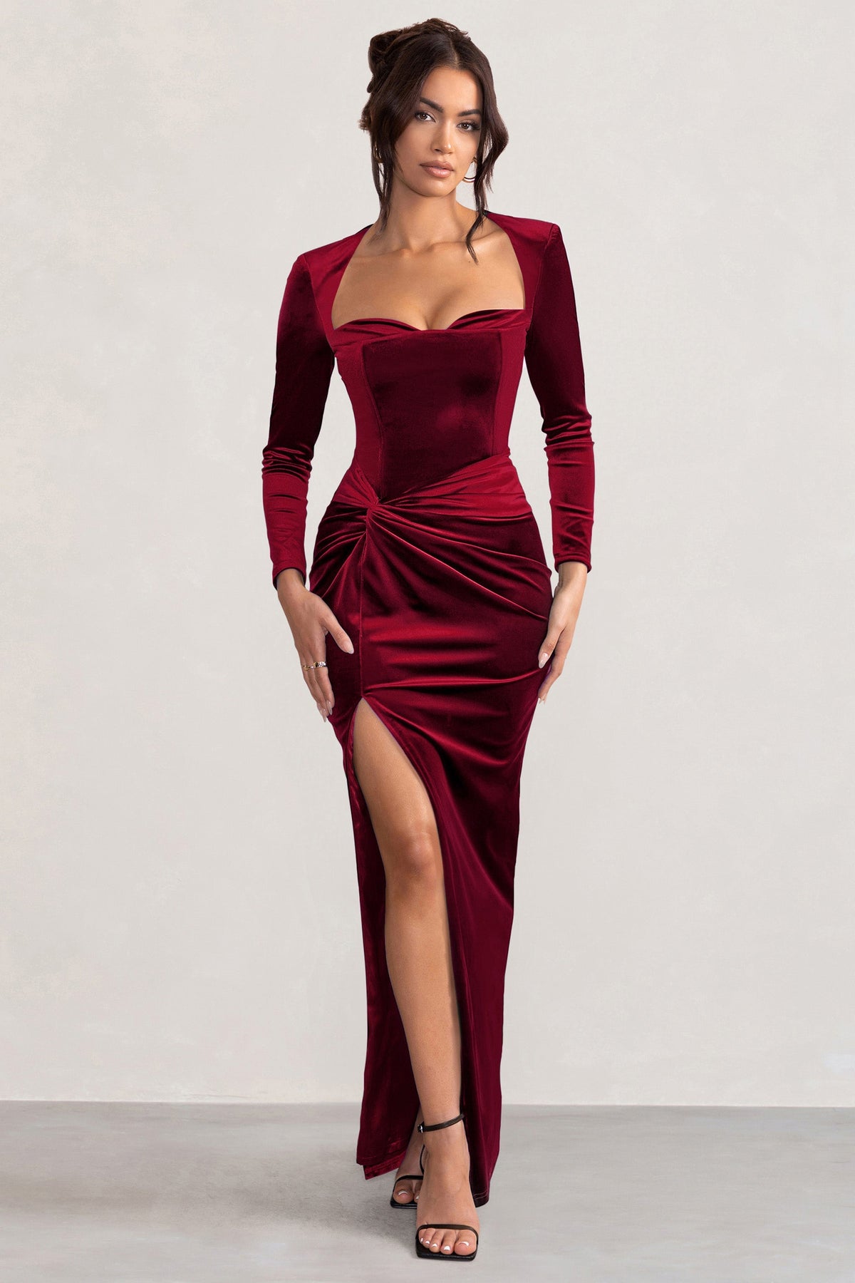 Fay | Berry Velvet Corset Style Knot Maxi Dress