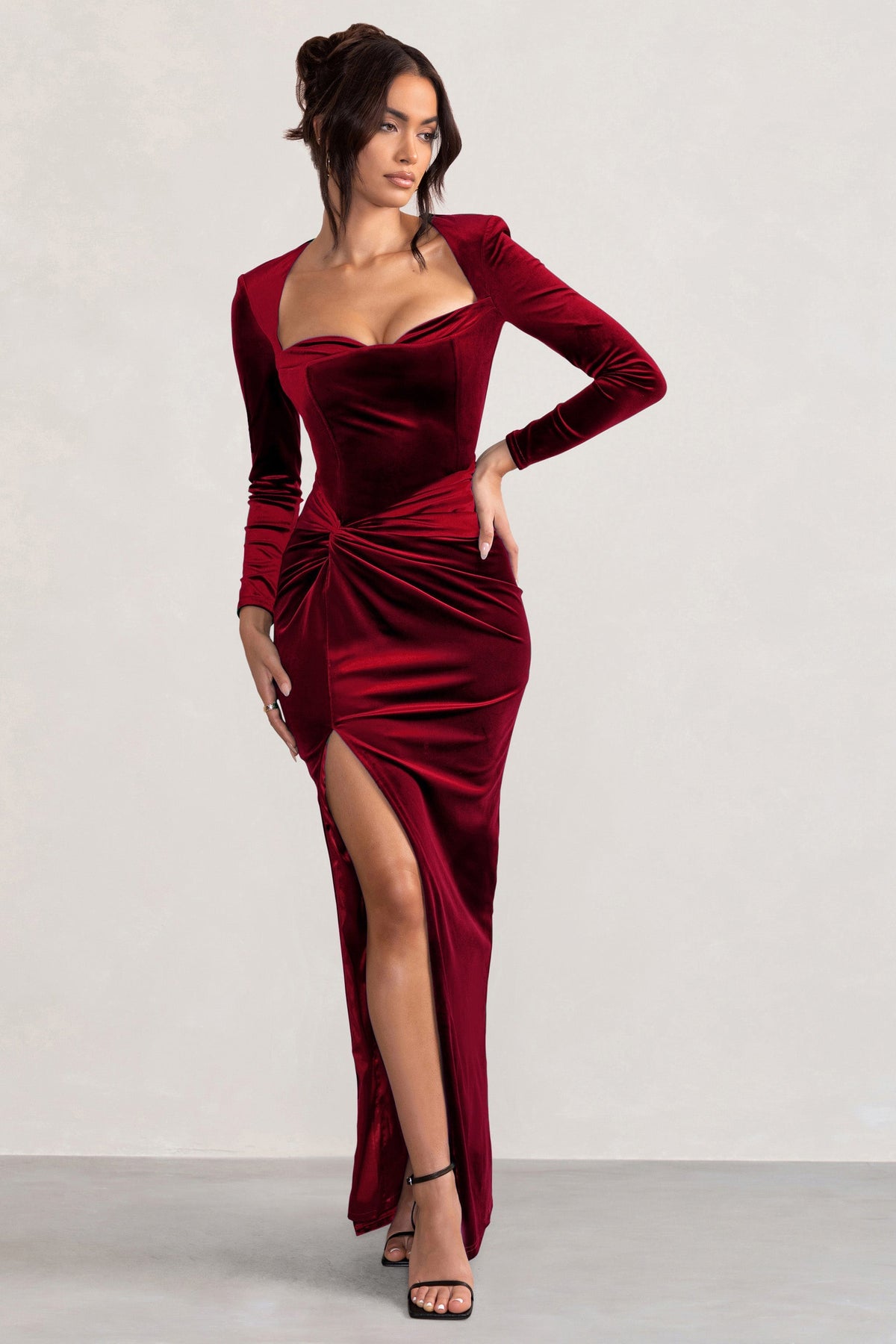 Fay | Berry Velvet Corset Style Knot Maxi Dress