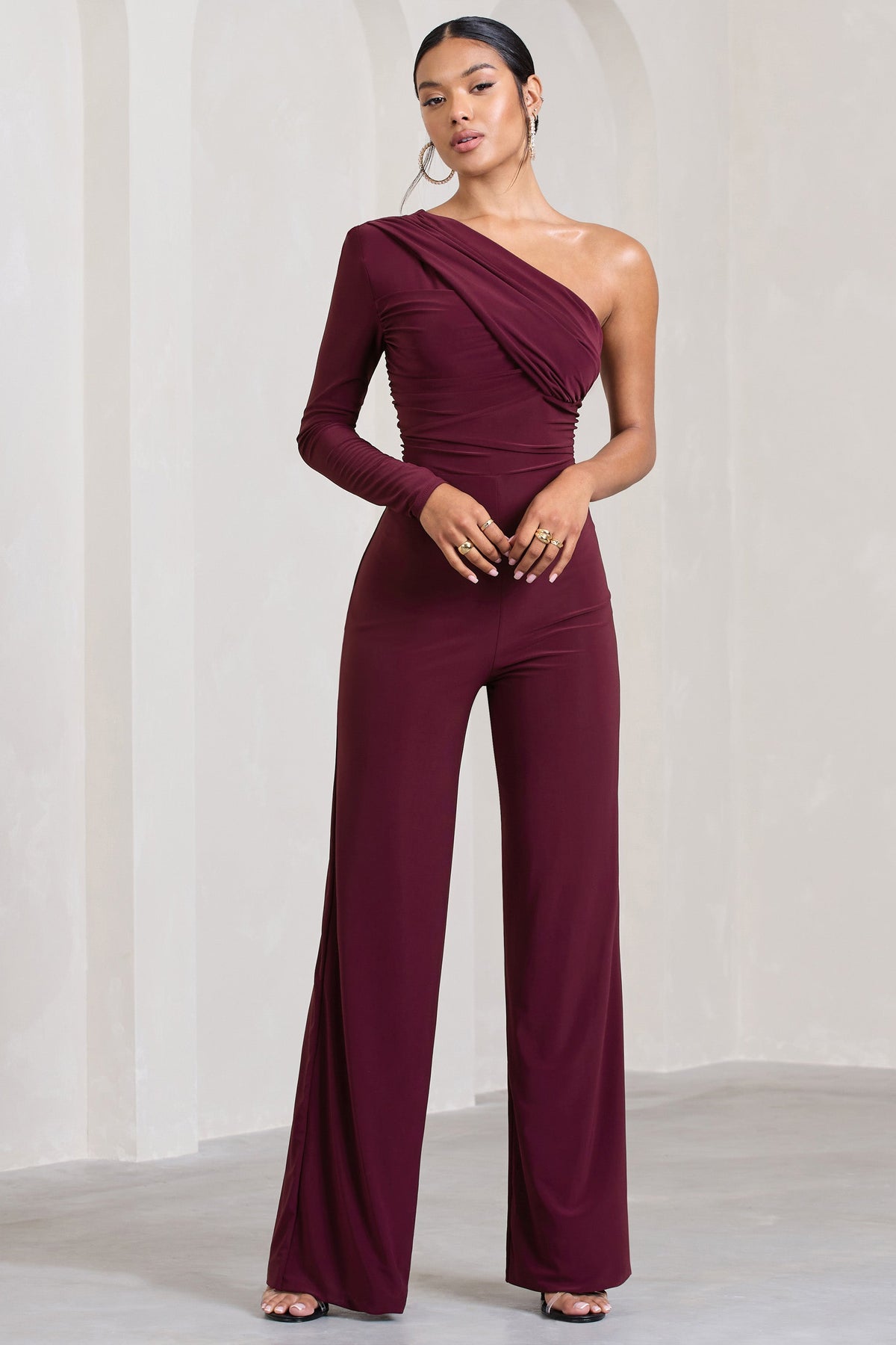 Mila | Burgundy One Shoulder Ruched Wide Leg Jumpsuit