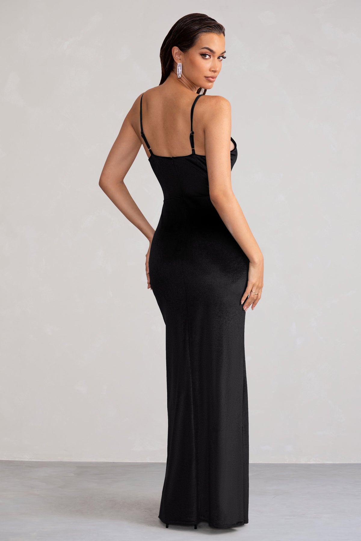 Miranda | Black Velvet Plunge Neck Twist Maxi Dress