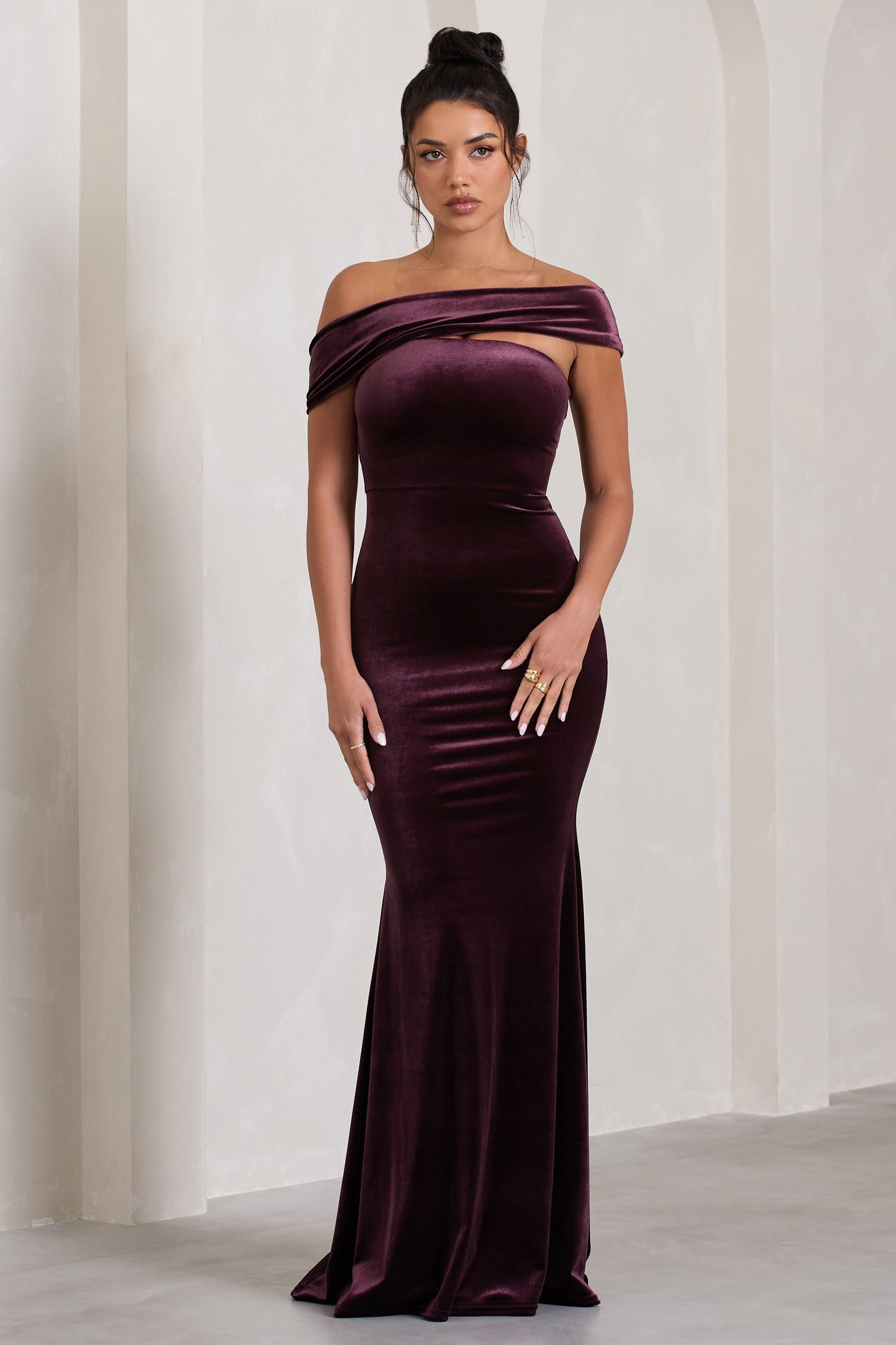 Candela | Port Velvet Asymmetric Bardot Maxi Dress