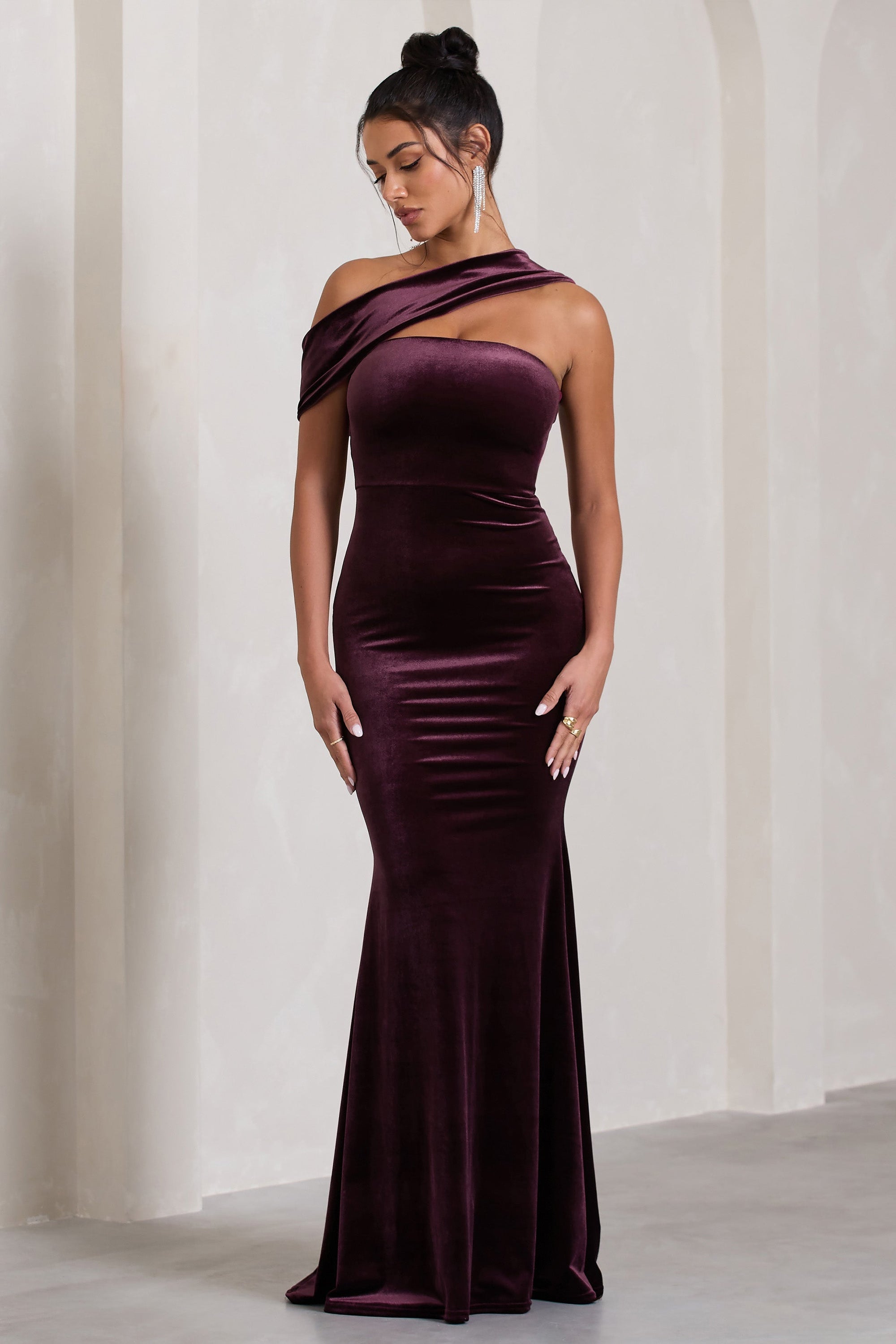 Candela | Port Velvet Asymmetric Bardot Maxi Dress