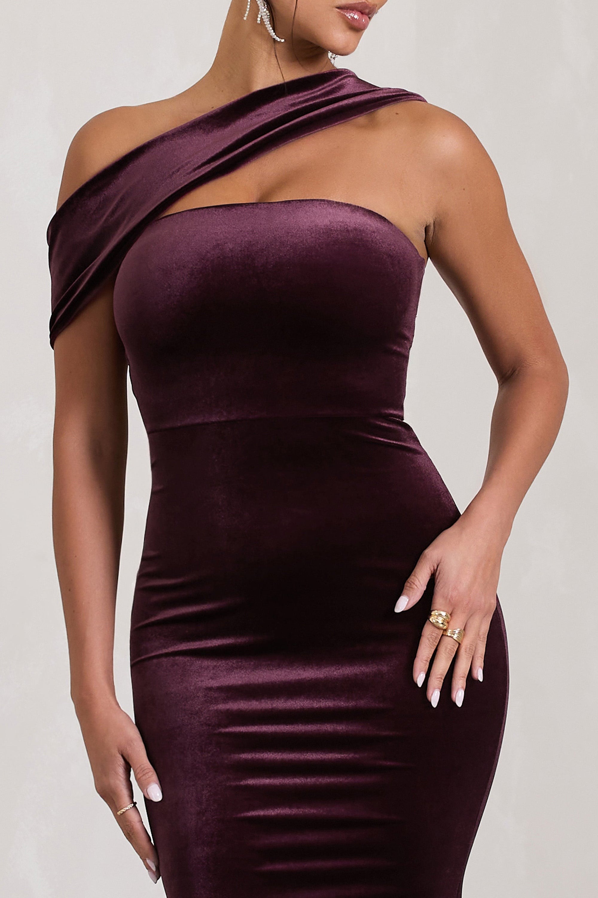 Candela | Port Velvet Asymmetric Bardot Maxi Dress