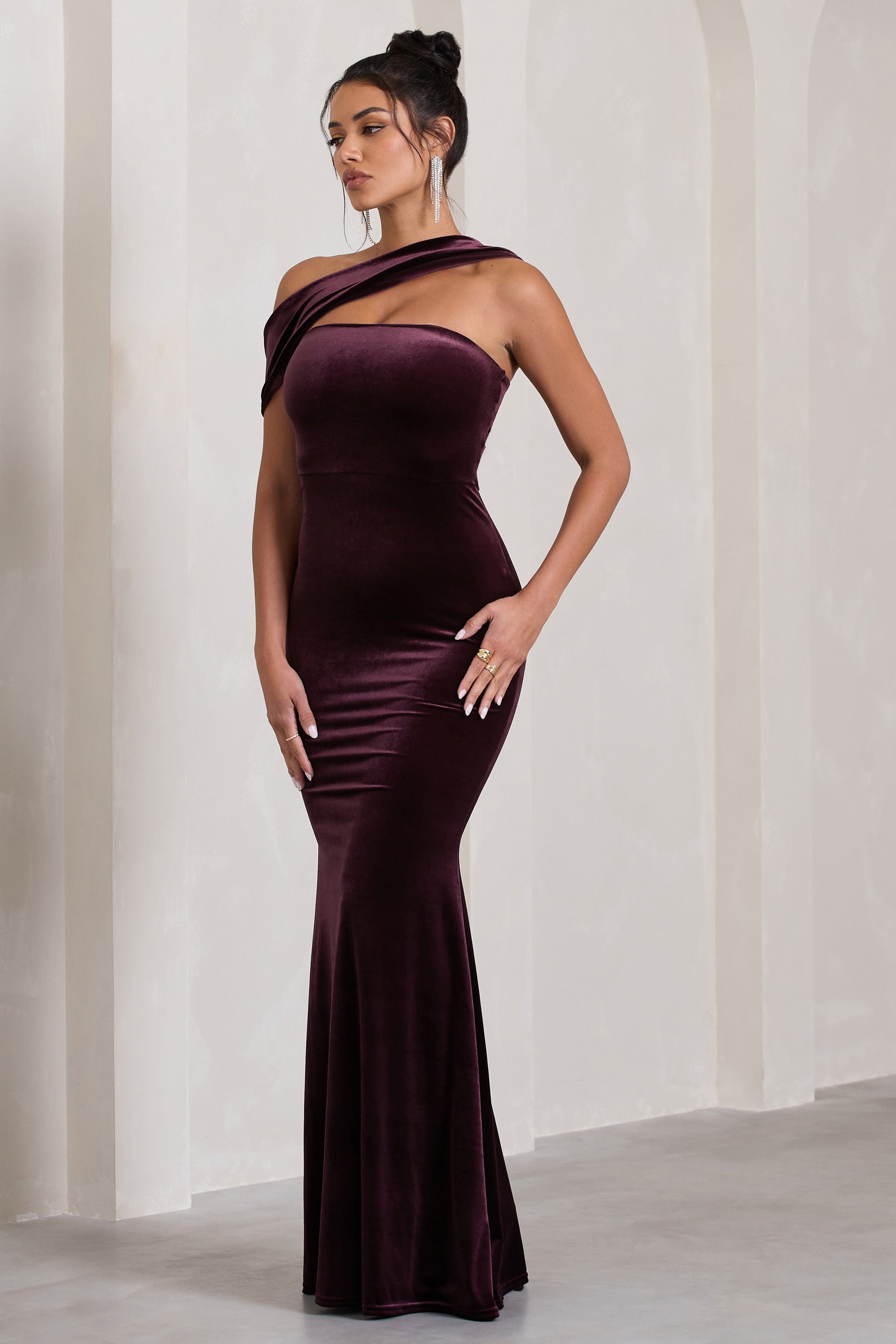 Candela | Port Velvet Asymmetric Bardot Maxi Dress