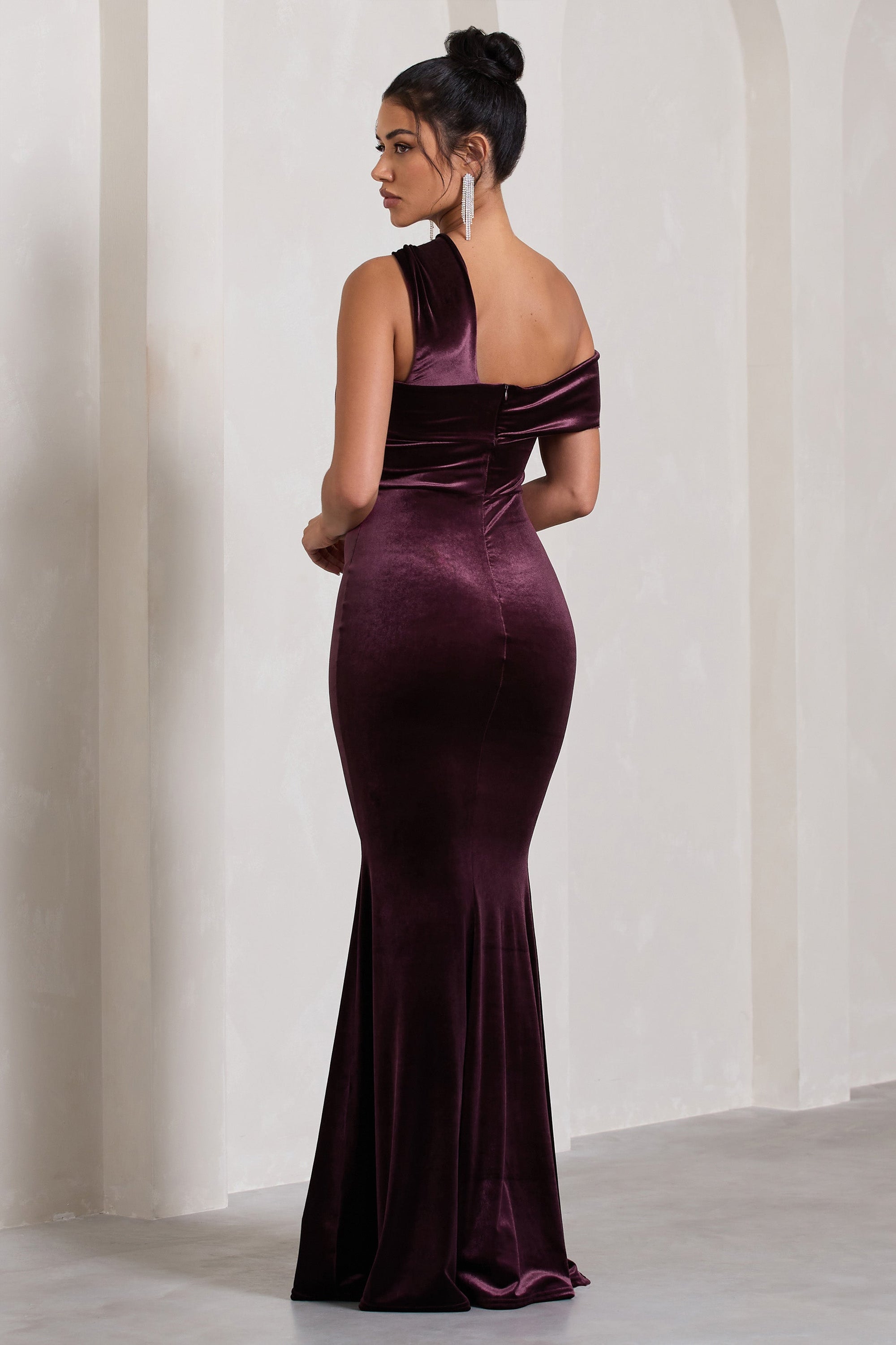 Candela | Port Velvet Asymmetric Bardot Maxi Dress