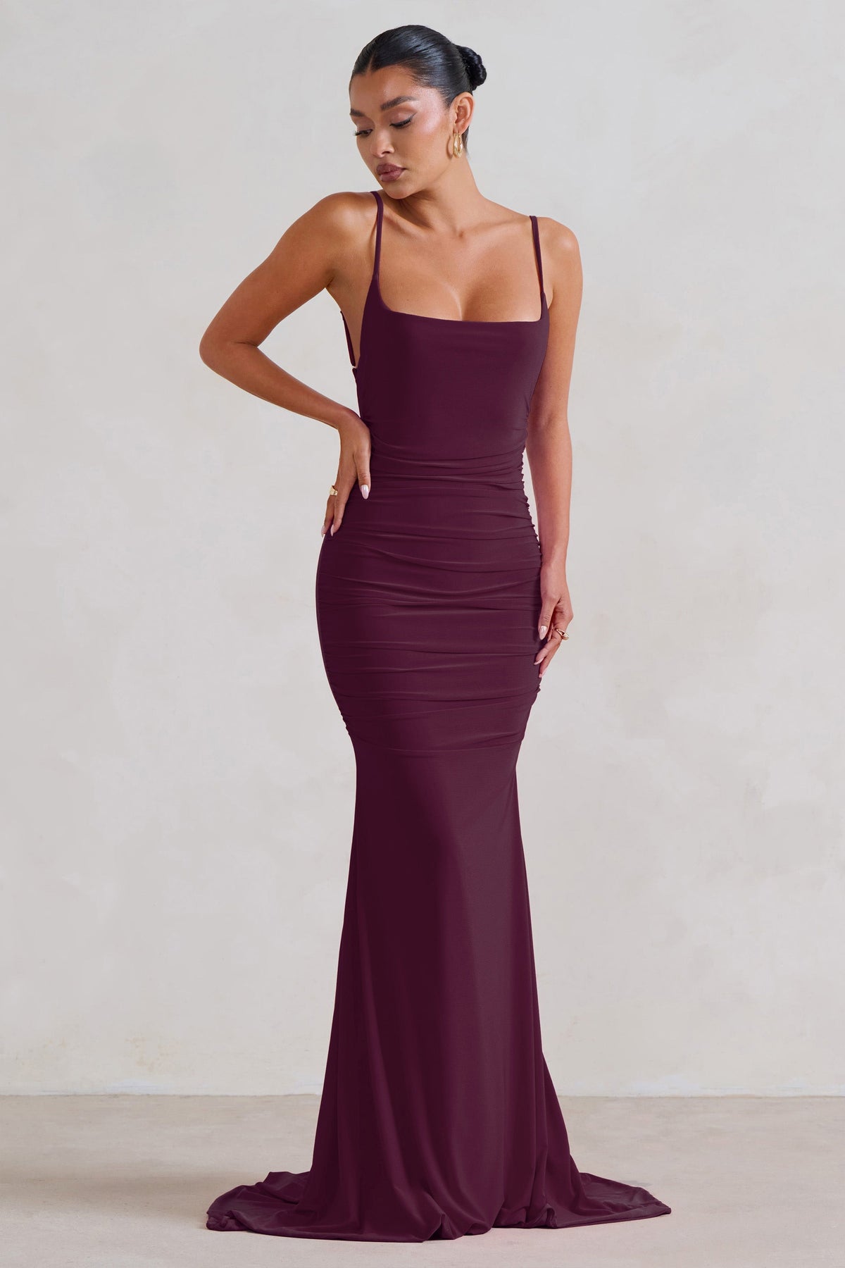 Adele | Plum Backless Ruched Fishtail Cami Maxi Dress