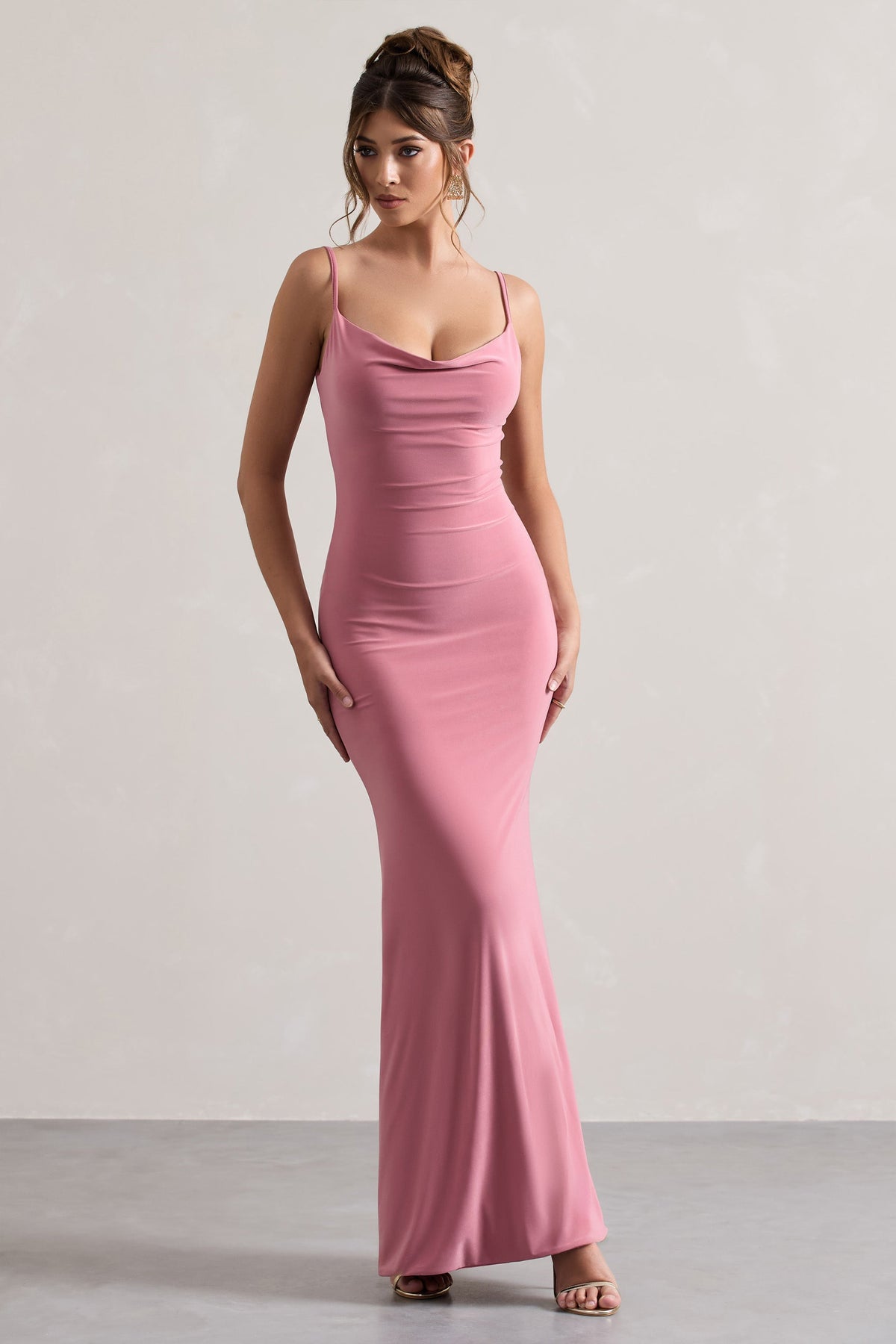 70's maxi dress pink cowl neck witchcore Francoise Blush Cowl Neck Backless Maxi Dress With Lace Insert – Club L London