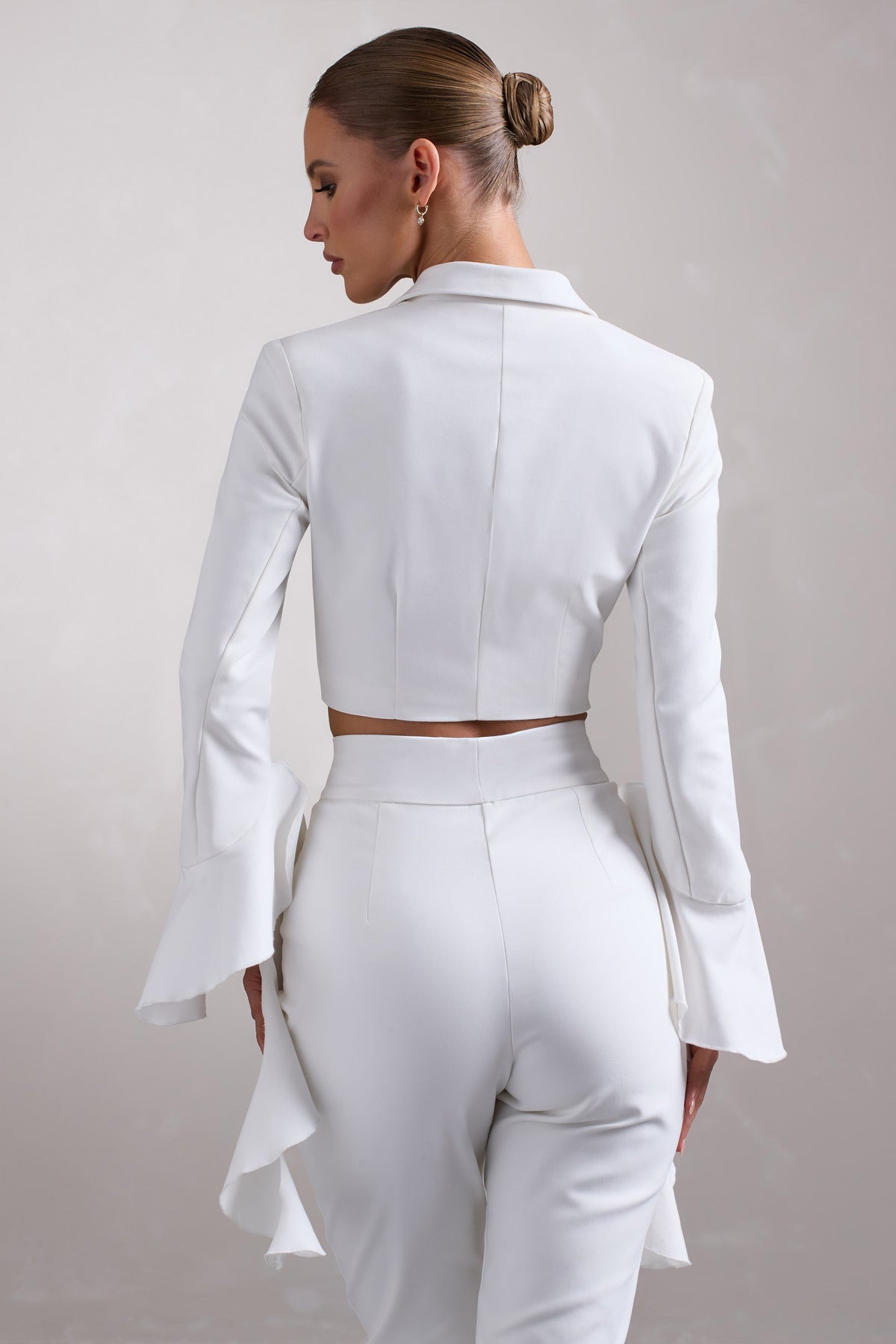 Sophie | White Cotton-Blend Tailored Cropped Blazer With Ruffled Cuffs