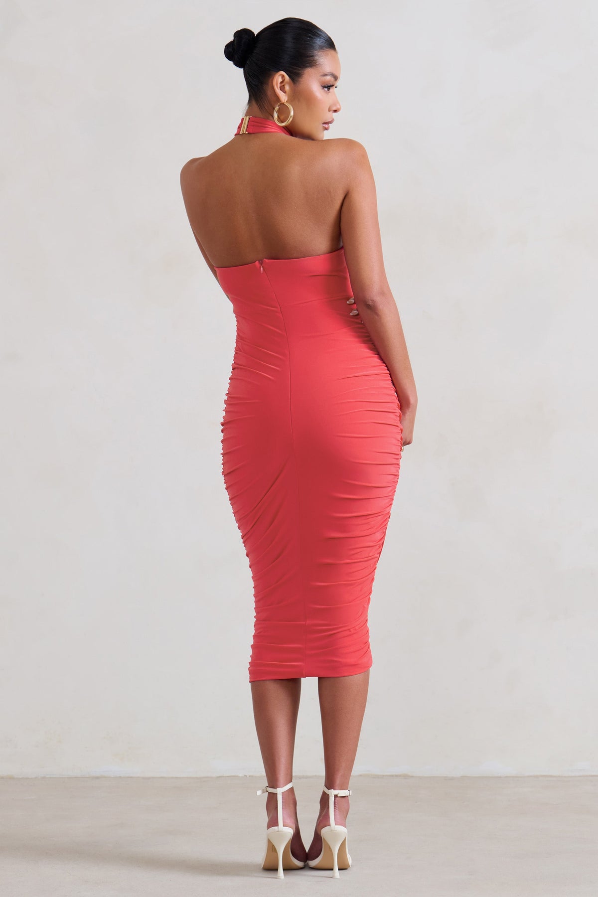 Chrissy | Coral Maternity Halterneck Ruched Midi Dress