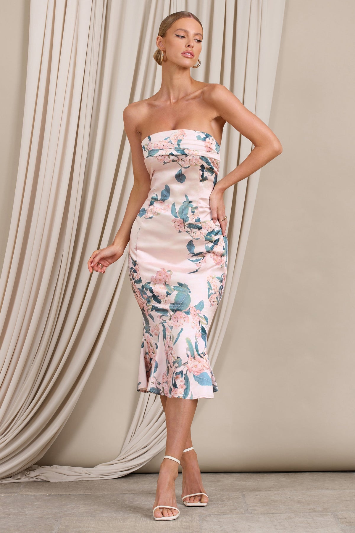 Sauvignon | Pink Floral Satin Bandeau Midi Dress With Cowl Back