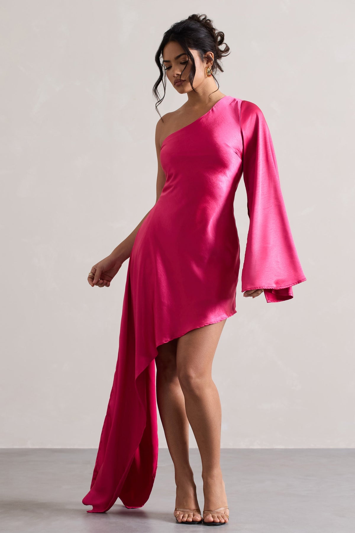 Hanna | Hot Pink Asymmetric Draped Satin Mini Dress