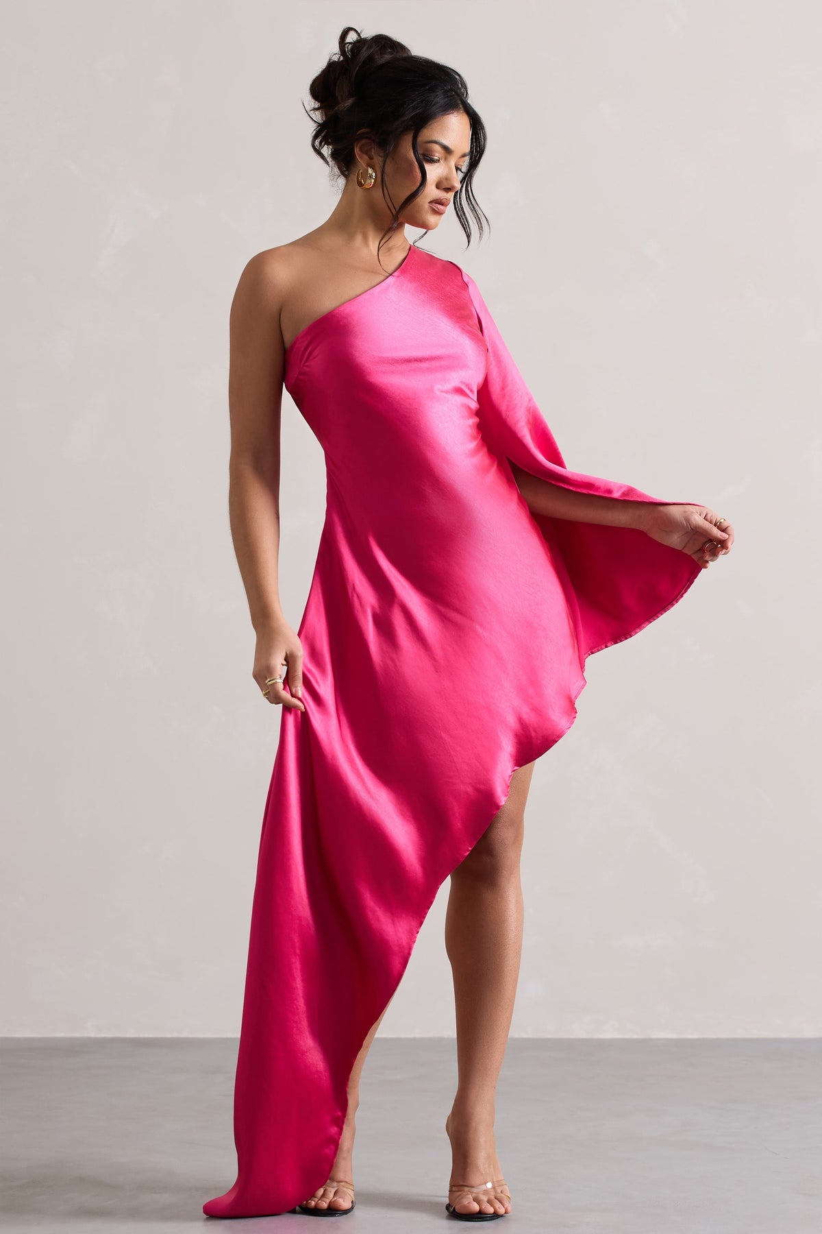 Hanna | Hot Pink Asymmetric Draped Satin Mini Dress