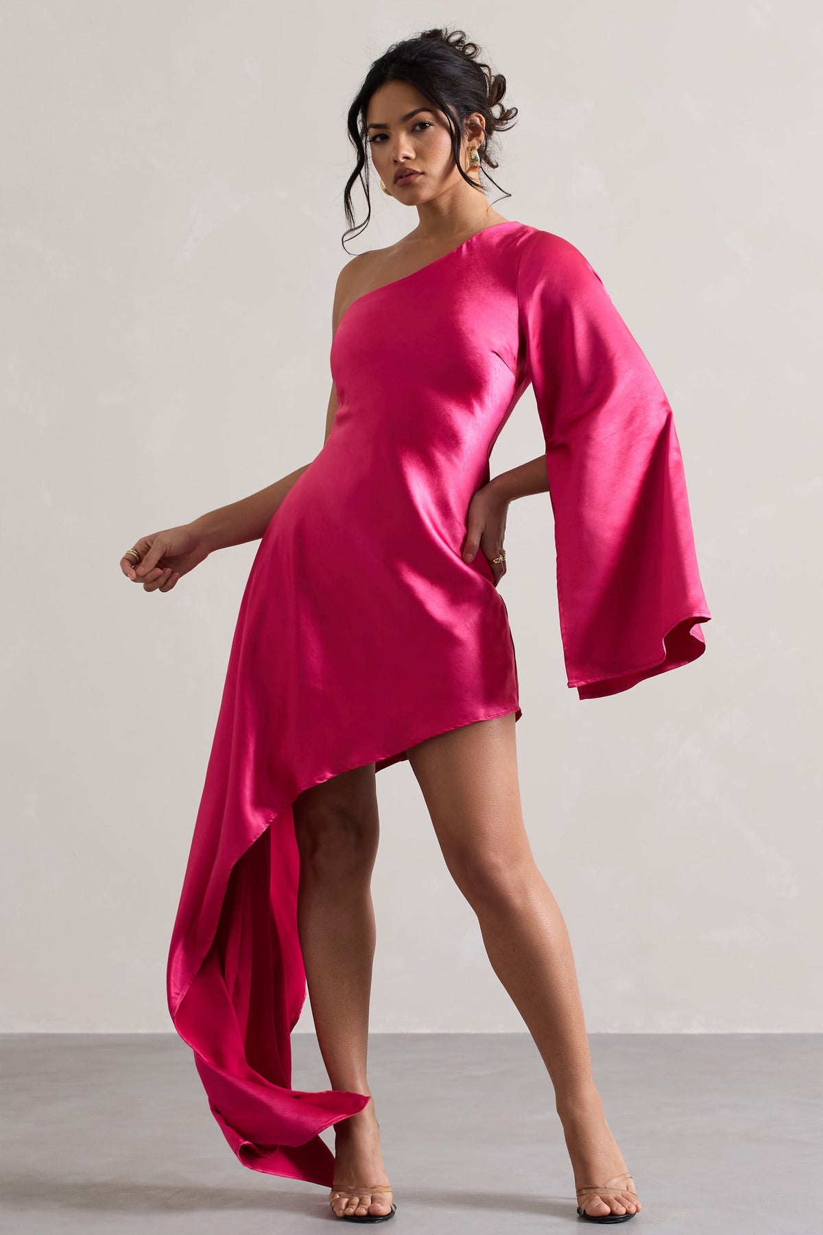 Hanna | Hot Pink Asymmetric Draped Satin Mini Dress